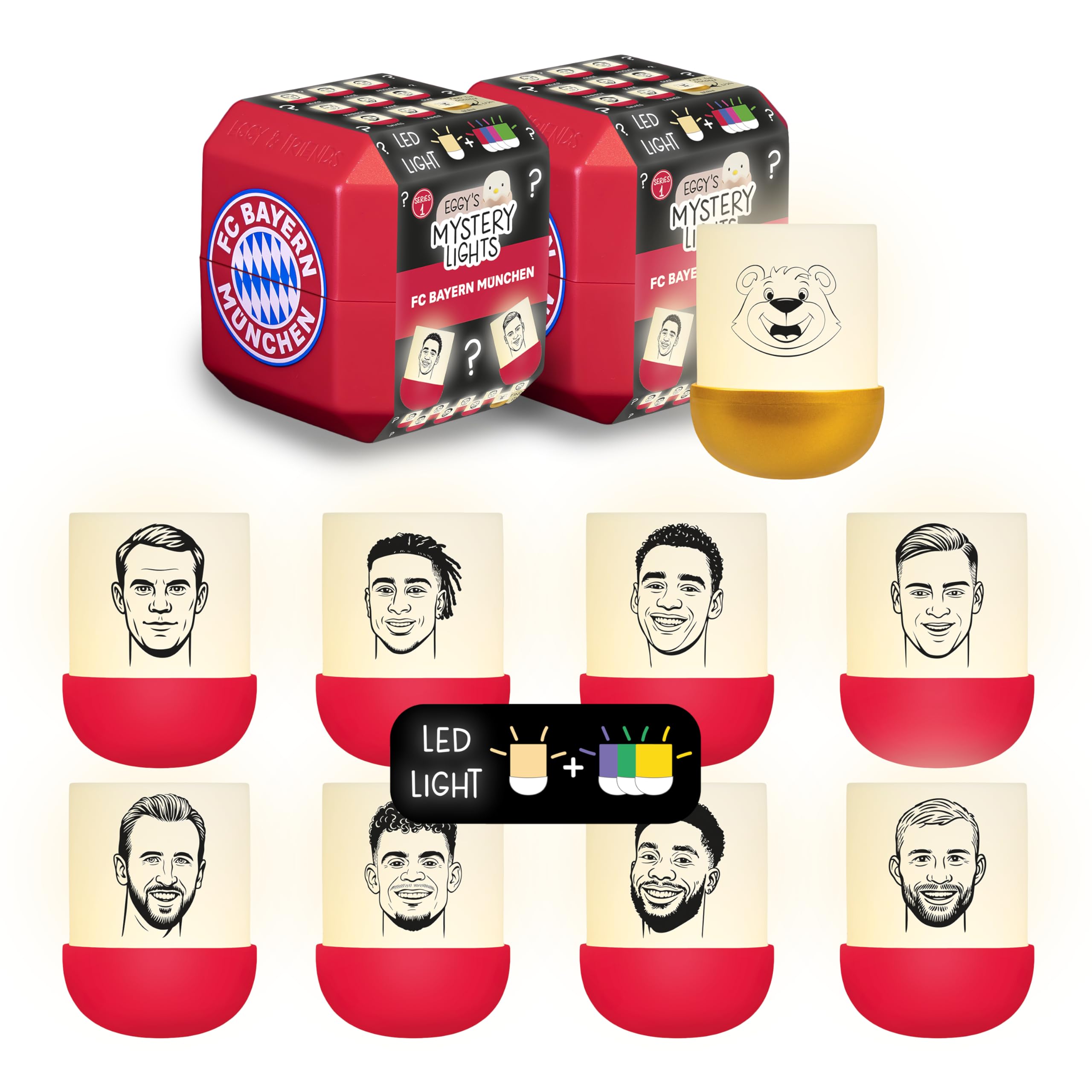 MegaLight EGGY & Friends Blind Box Mini Nachtlichter 2er Pack | FC Bayern München Fanartikel | zufällige Figurenauswahl | 2 aus 9 zum Sammeln l 5 Lichtfarben | EGGY'S Mystery Lights FCB Edition