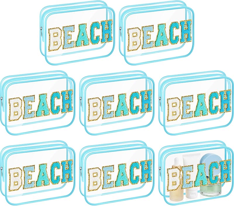 Necessaire transparente Kacctyen com patches de chenille, Lake Blue, pacote com 8