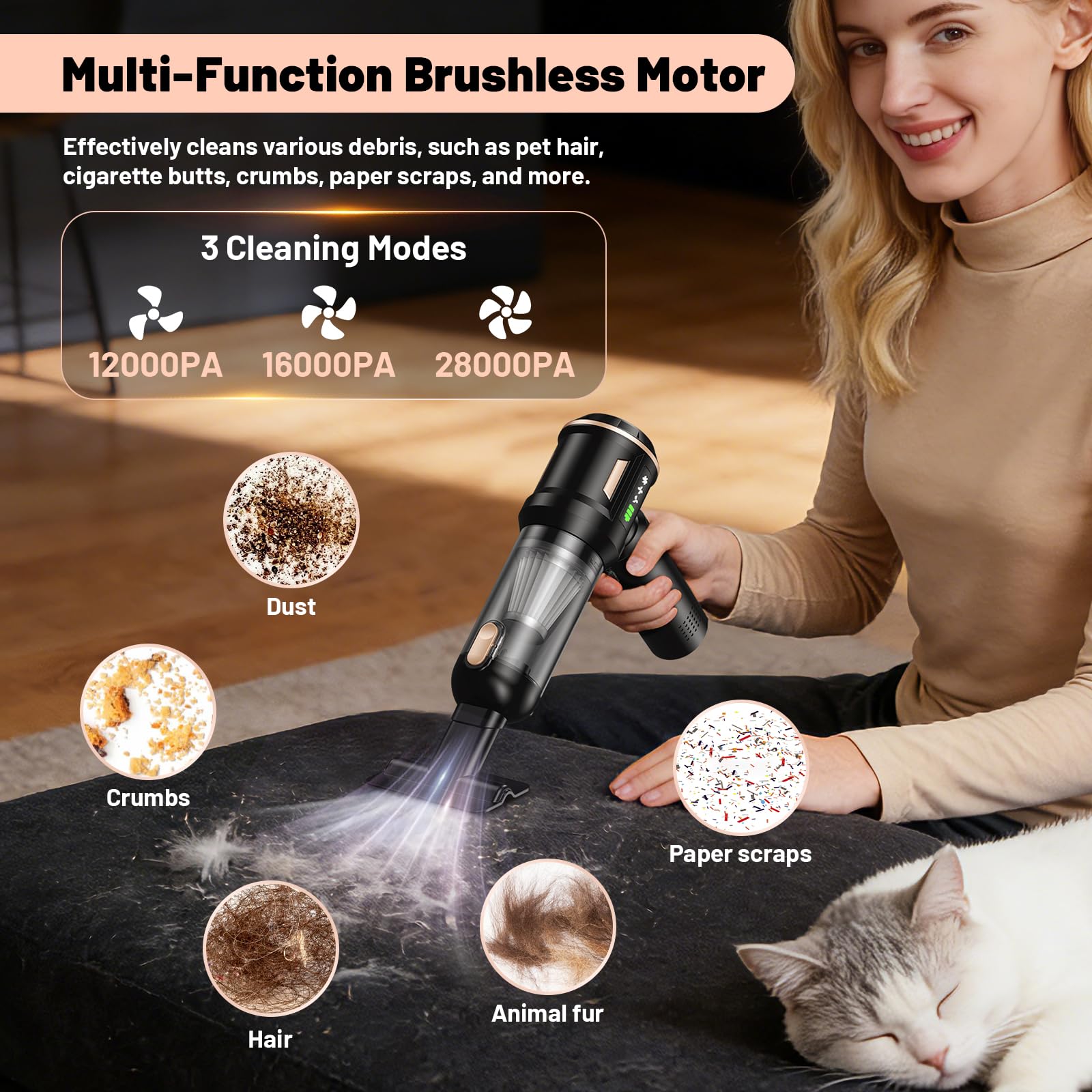 SLOKSFil 2026 Aspiradora de Mano,28000PA Aspiradora Mini 4 en 1 Sin Cable, Autovaciado con un Solo Botón y, 3 Niveles de Succión Motor sin Escobillas, para el/HogarPelos/Animales/Cocina