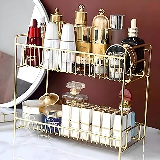 Modern Gold Metal Cosmetic Organizer Rack, Smart Desktop Storage Solution, 2 Tier Cosmetic Holder, Great for Different Uses, Size:26 * 30 * 14.5cm - Perfect Way to Organize Your Beauty Products