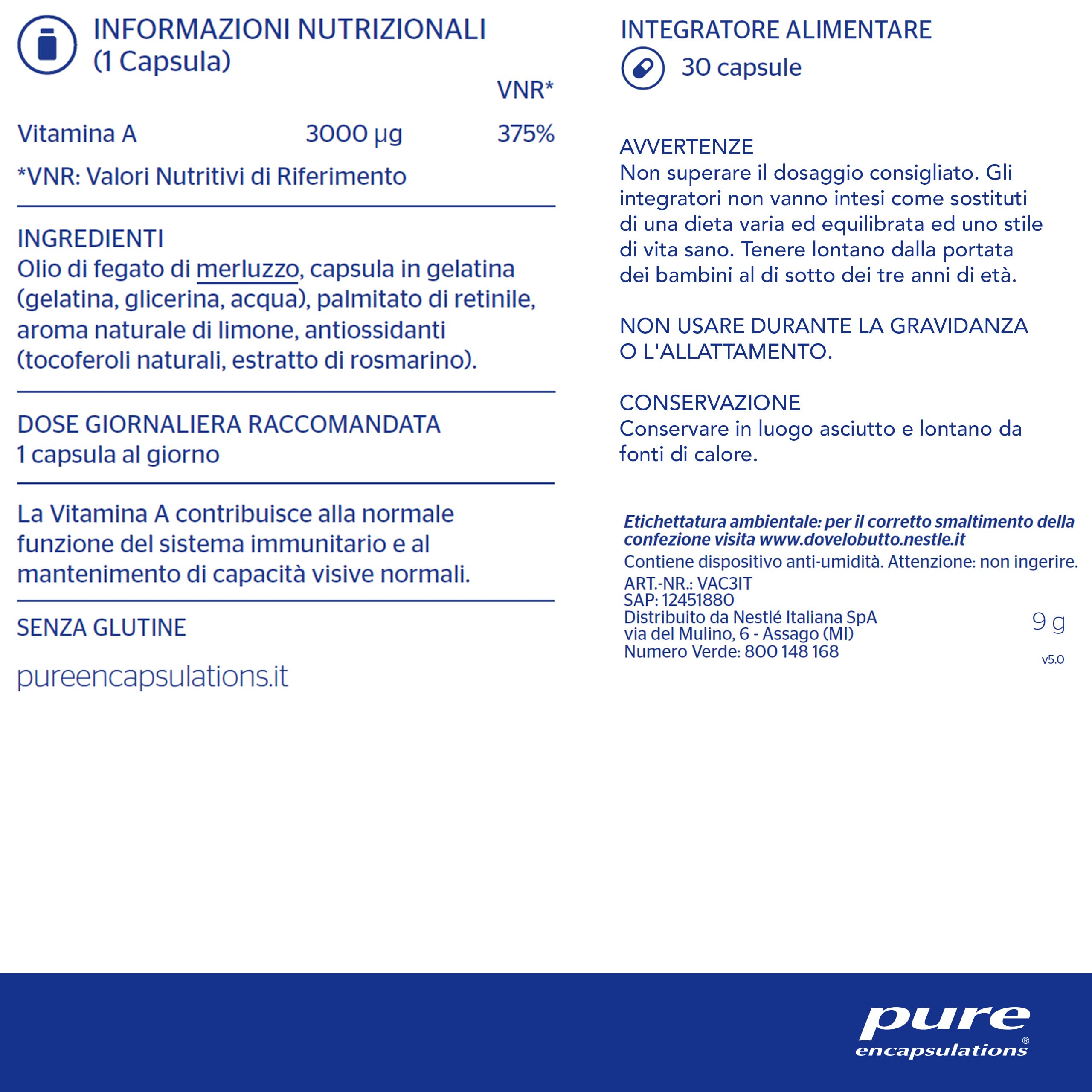 Pure Encapsulations - Vitamina A 10.000 IU - Supporto alla Vista, Funzioni Cognitive e Salute della Pelle - 30 Capsule Softgel