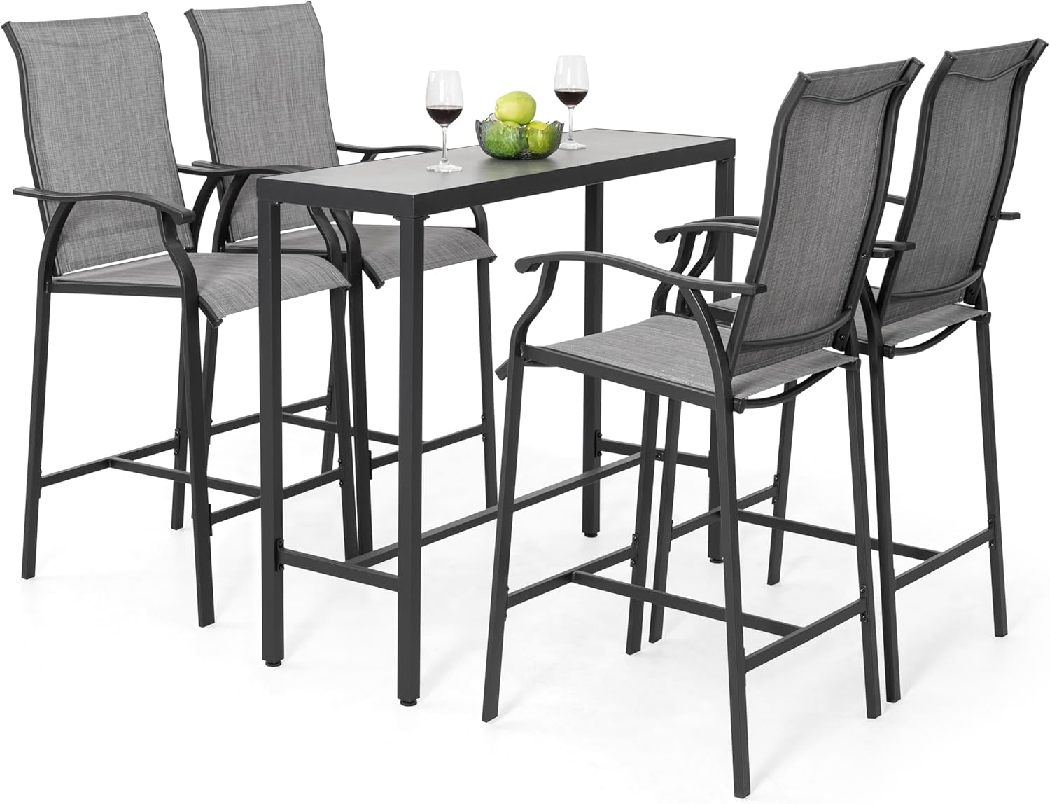NUU GARDEN 5 Piece Patio Bar Set, 4 Textilene High Bar Stools and 1 Patio Bar Table, All-Weather Outdoor 3D-Print Tempered Glass High Bar Table Set for Backyard, Garden, Lawn, Porch, Gray and Black