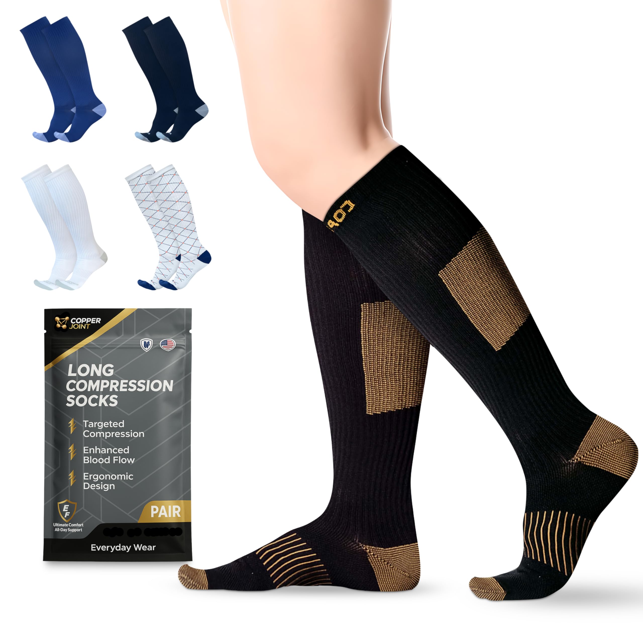 CopperJoint Copper Compression Socks Women Knee High, Easy On Wide Calf-Compression Socks Men for Circulation, for Women & Nurses, Support Sock, Running, Basketball, Travel, Sports - Medium