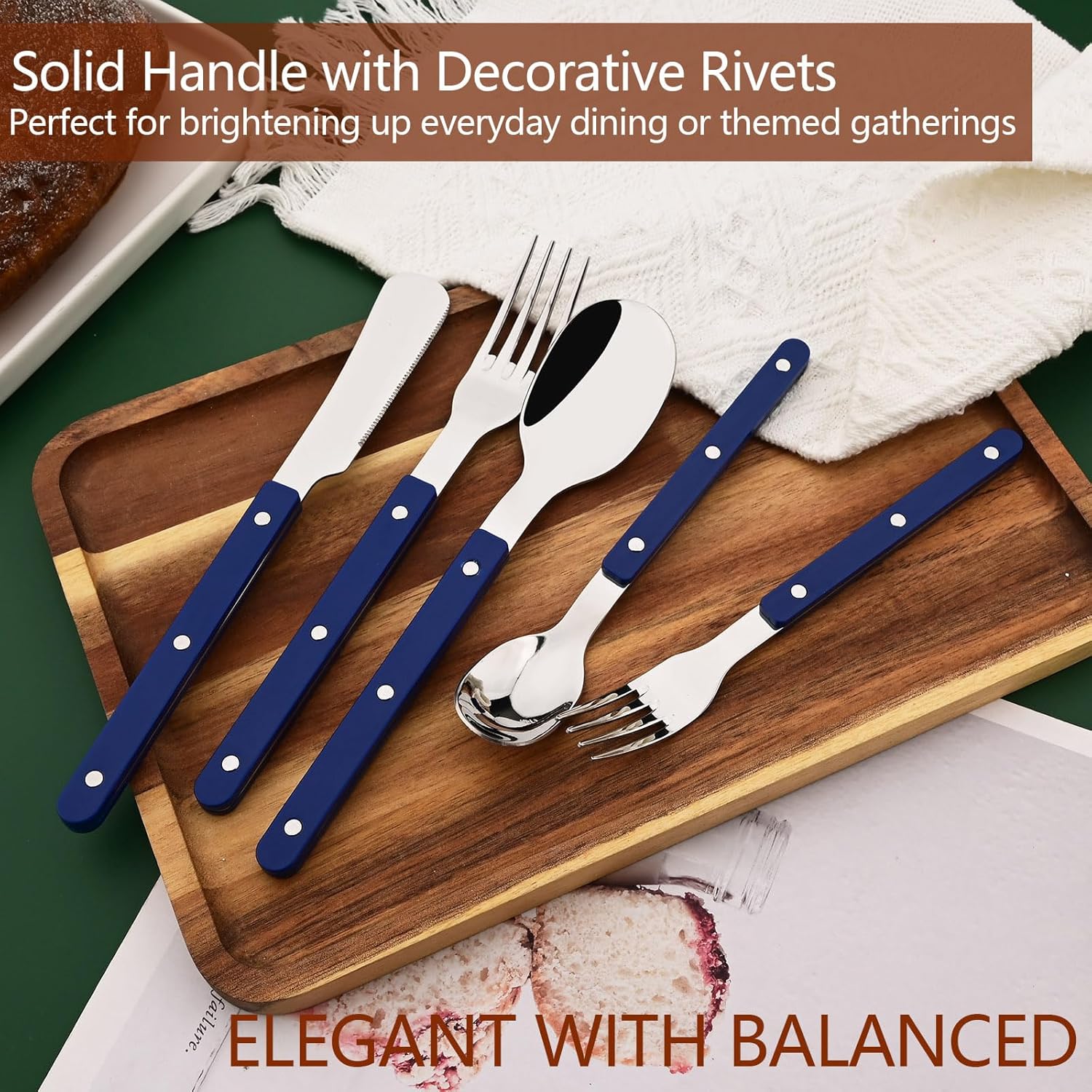 20 PCS Stainless Steel Flatware Set for 4, Silverware Set with Colored Handles, Retro Style Forks Spoons and Knives Set, Vintage Eating Utensils, Blue Acrylic Handle with Rivets Design