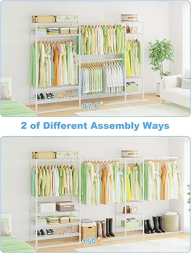 Miniatura 4 de Ulif E11 - Perchero de metal independiente para ropa y armario con 8 estantes y 4 barras para colgar, (73.2-97.6 pulgadas) de ancho x 14.5 pulgadas