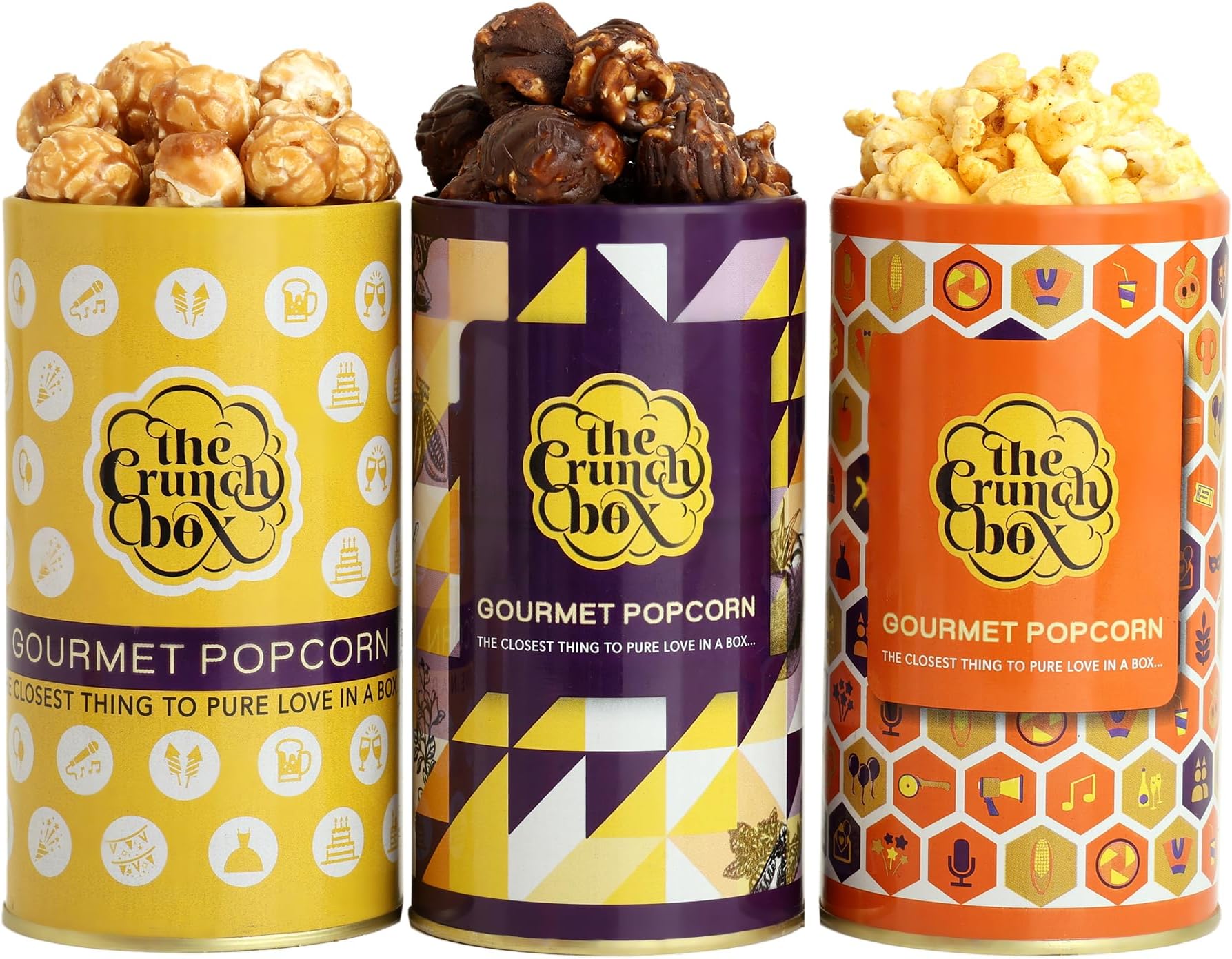 The Crunch Box Gourmet Popcorn Gift Combo Pack of 3 in Decadent Chocolate, Classic Caramel & Tangy Pizza Flavor - 210 GMS | Perfect for Gifting, Movie Nights, Parties and Gatherings
