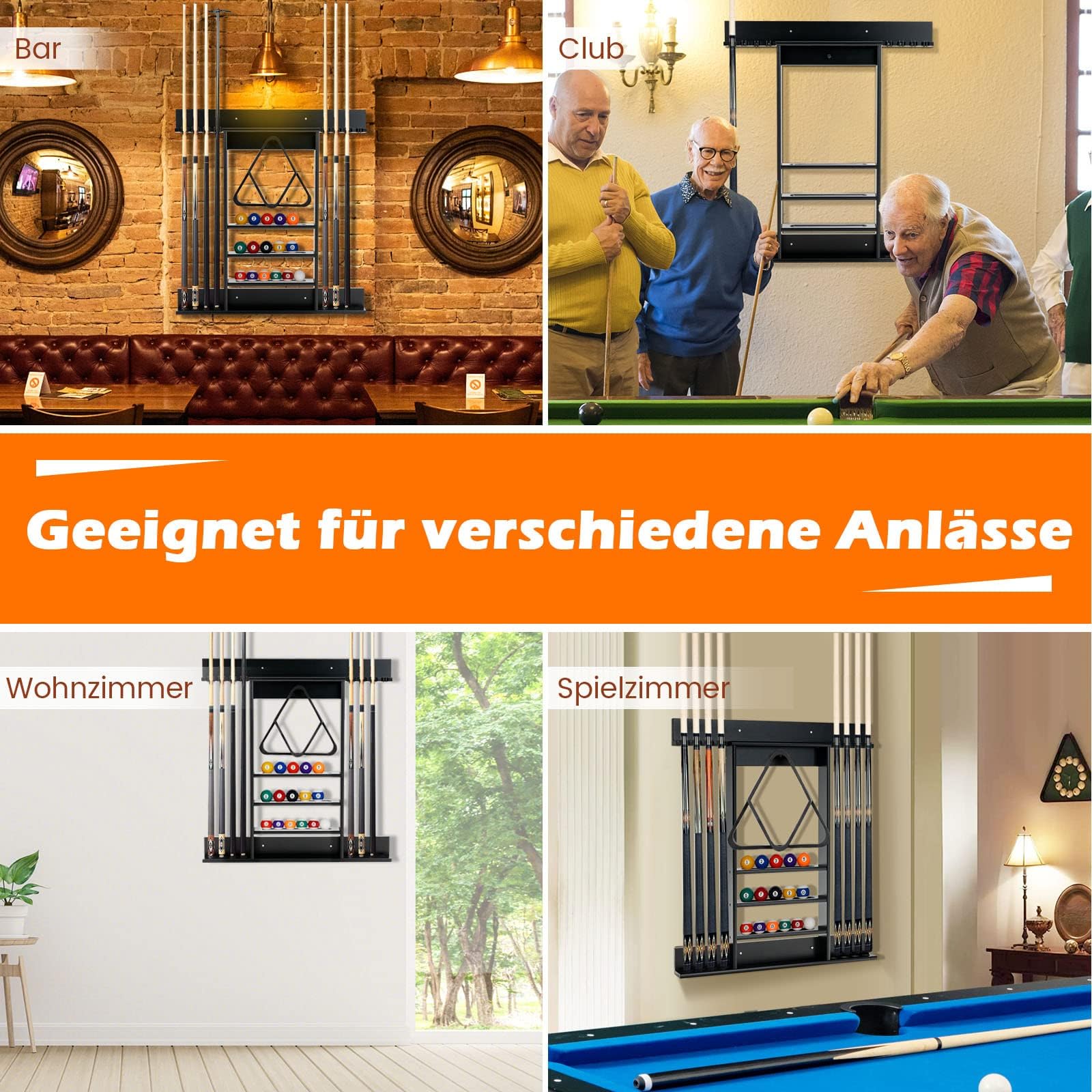 FANTASK Billard Queue Halter für 8 Queues & Billardzubehör, Billardständer Wandmontage, 3-stufig Billardqueueständer für Bars Clubs Spielzimmer (Schwarz)