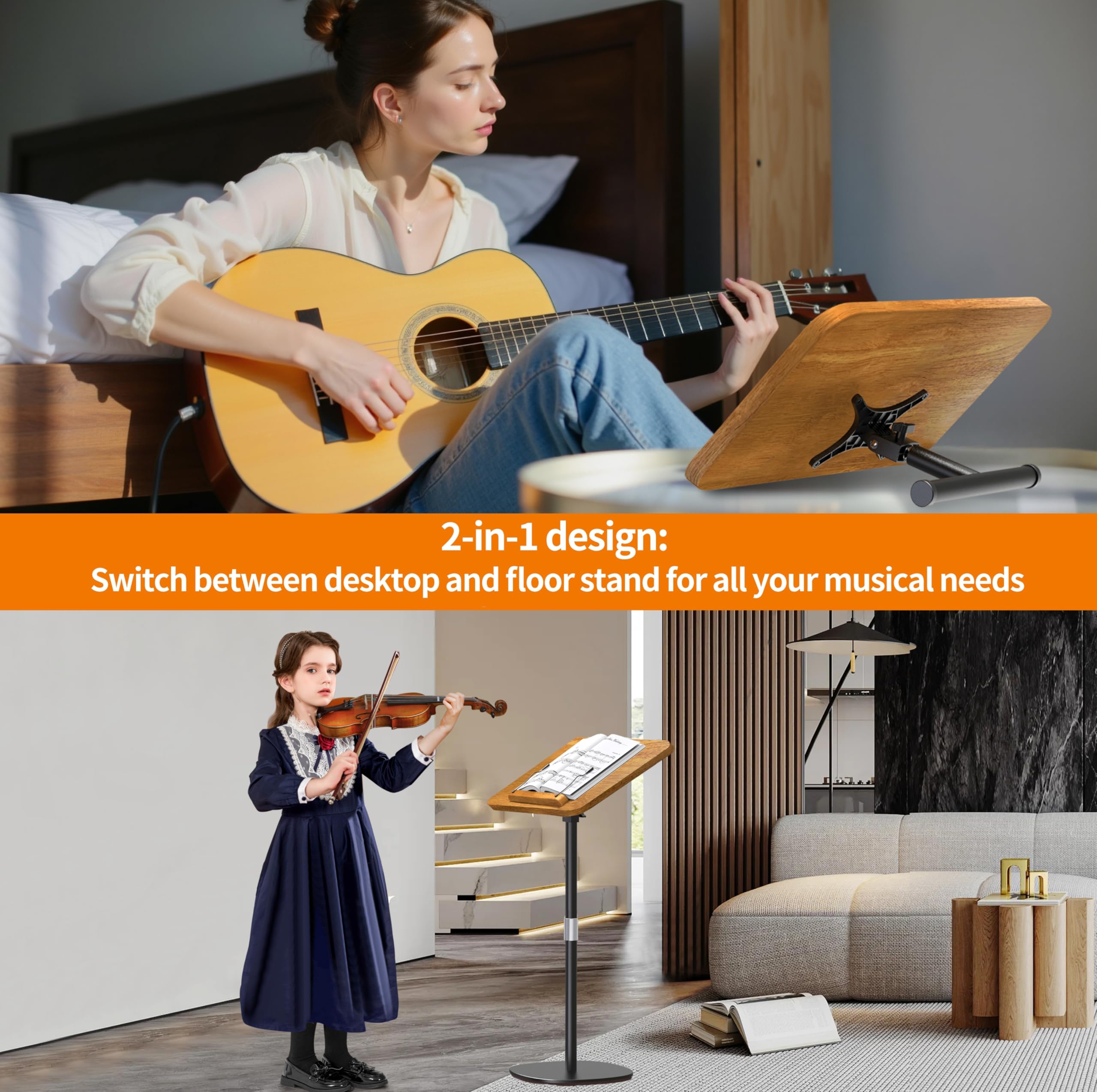 NAMON Soporte de música 2 en 1 de doble uso y soporte de mesa, soporte de madera maciza resistente para partituras, altura y ángulo ajustables, con clip de página, ideal para guitarristas de violín