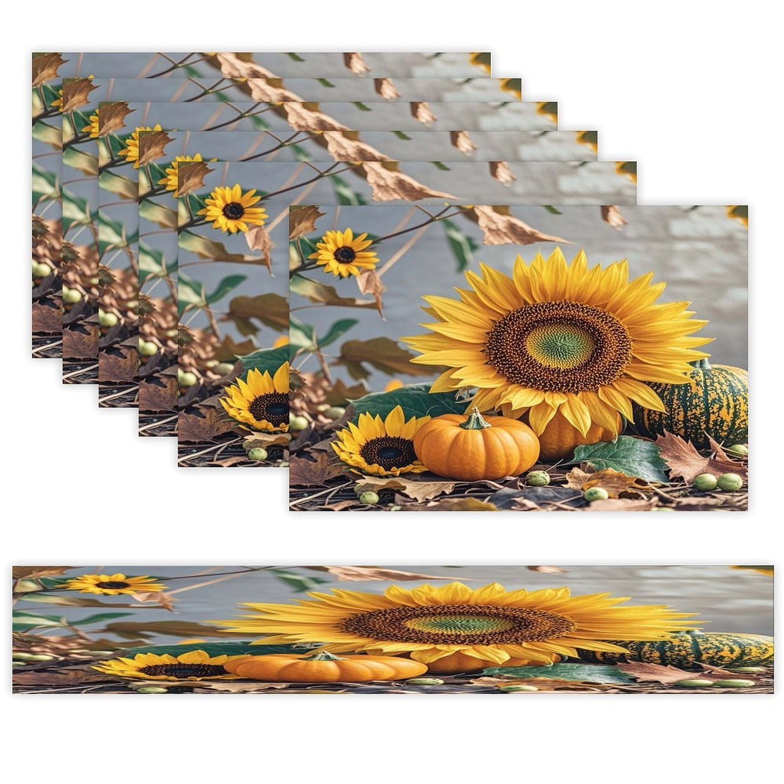 Fall Pumpkin Sunflower Placemats Set of 6 and Table Runner for Holiday Party Kitchen Dining Table Decor Farmhouse Style Washable Table Mat Set Heat Resistant Linen Place Mat Sets