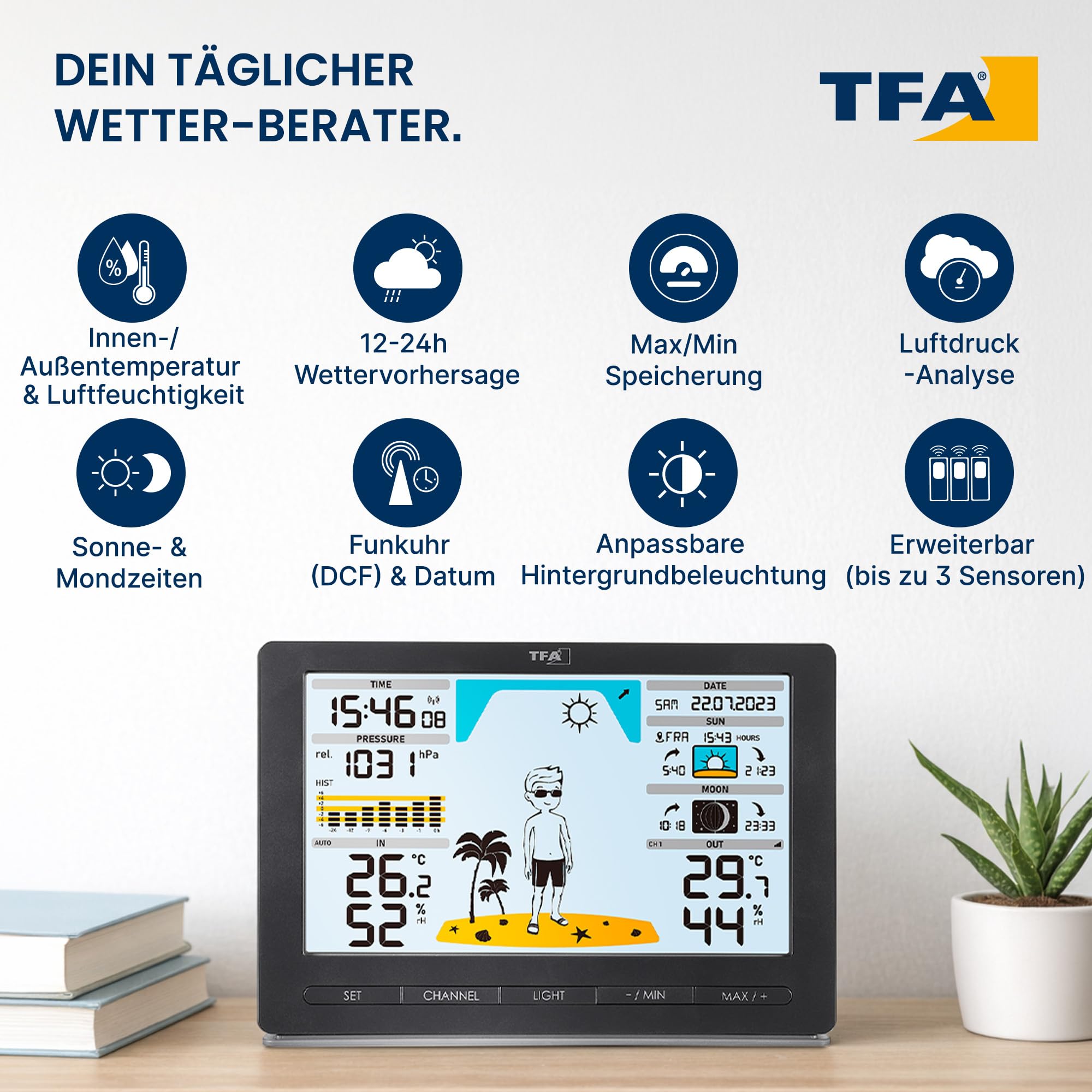 TFA Dostmann Funk Wetterstation METEO JACK, 35.1097.01, mit Außensensor, inkl Wettervorhersage mit Luftdruck, Mondphase, Sonnenaufgang- & -untergang, Funkuhr, Amazon Exklusiv, schwarz