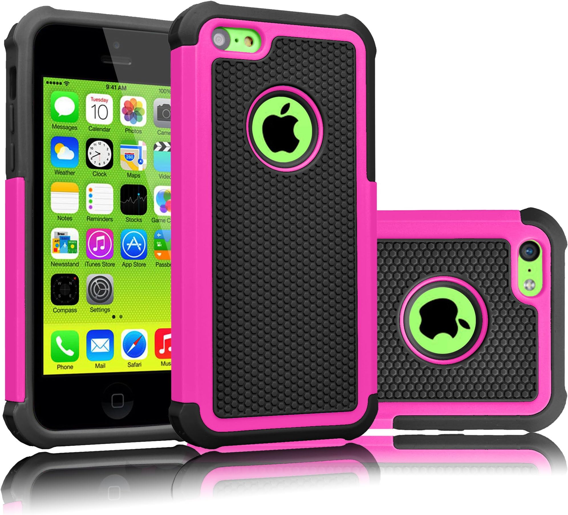 Tekcoo iPhone 5C Case, [Tmajor Series] [Hot Pink/Black] Shock Absorbing Hybrid Impact Defender Rugged Slim Case Cover Shell for Apple iPhone 5C Hard Plastic Outer + Rubber Silicone Inner