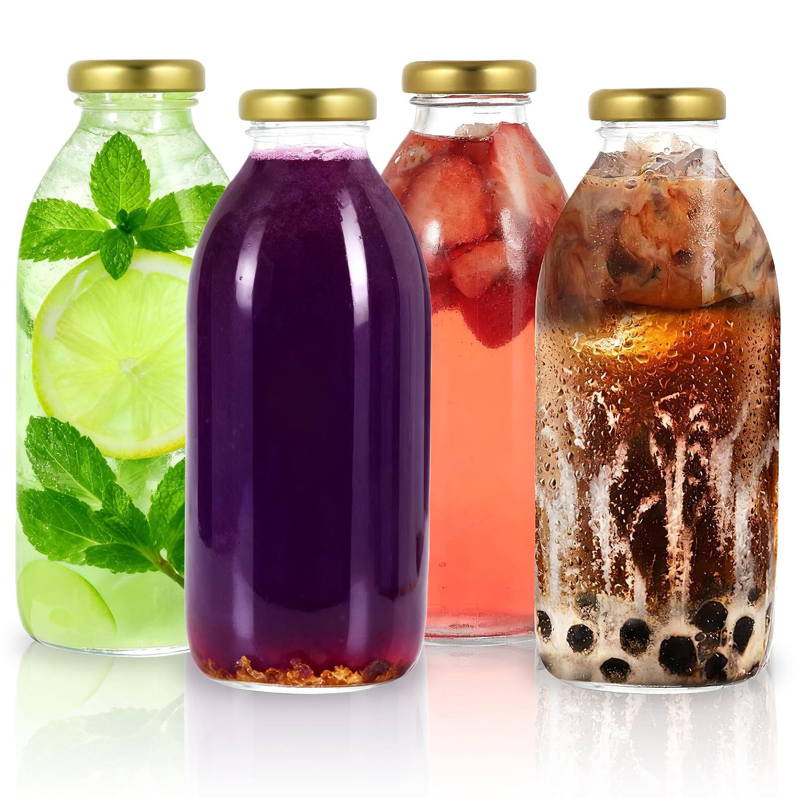 MEETOZ 4Pcs 500ml Glass Milk Bottles,with Pretty Gingham Lids Reusable Milk Bottle for Juices, Dressings, Sauces, Beverages, Decoration and Storage