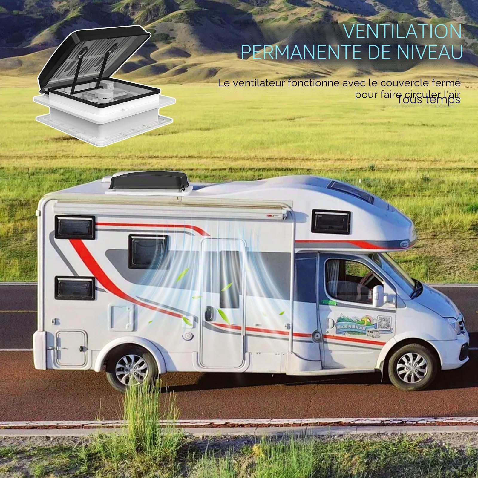 2012 Ventilateur de Toit 12V(24V Max) pour Camping-Car, Lanterneau 400 mm avec Télécommande, Flux d'Air Réversible, Ventilation Ultra Silencieuse, Couvercle Noir Semi-Transparent Anti-UV