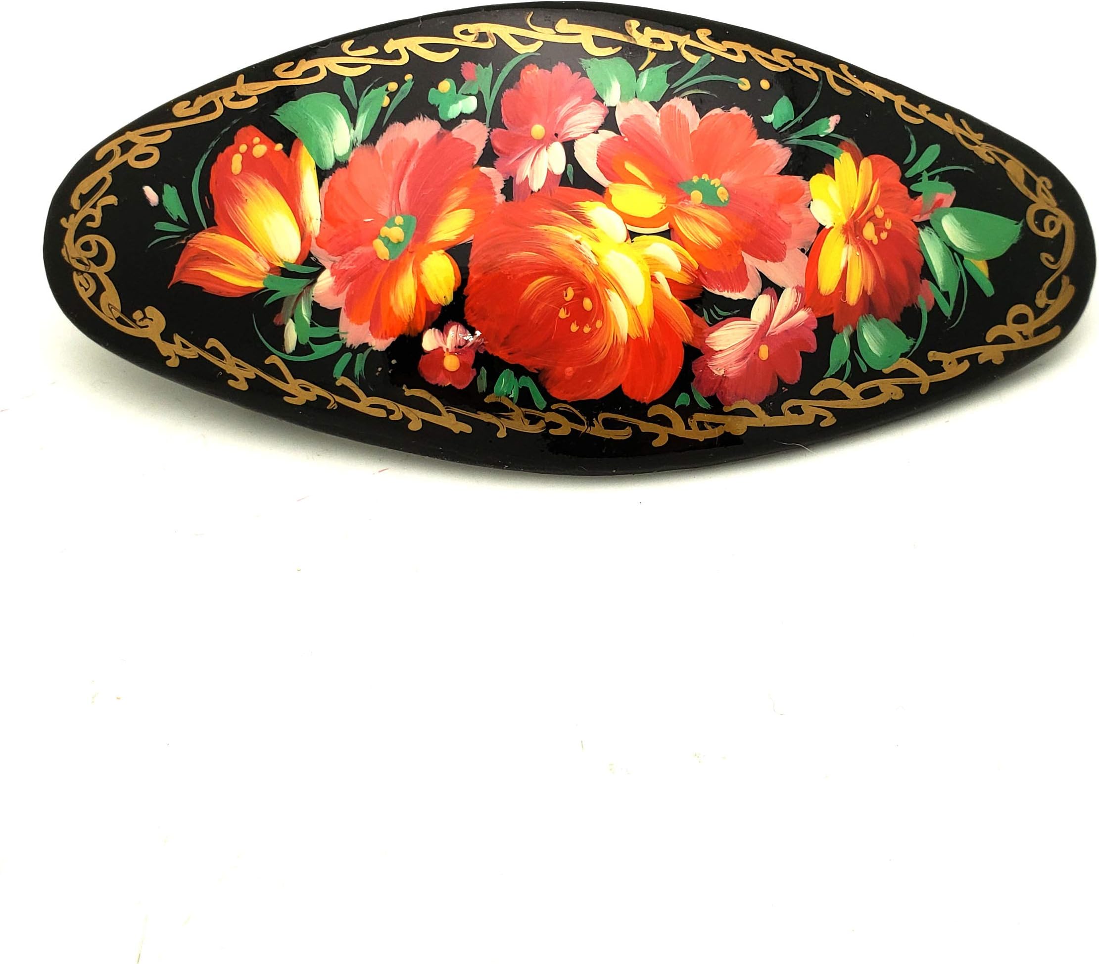 Russian Hair Clip Hand Painted Black Barrette with Pink Flowers Zhostovo Style