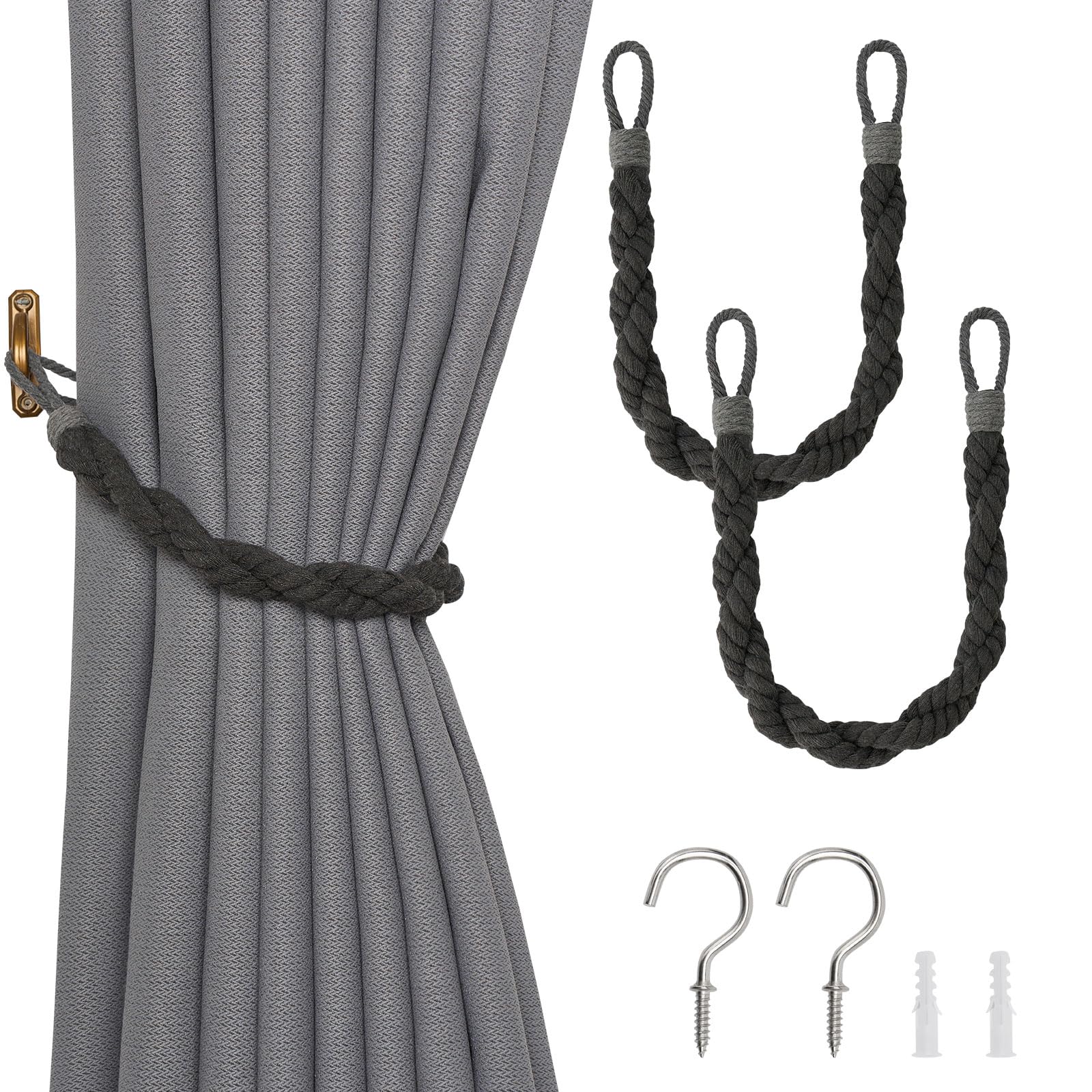 Pretty Jolly 2 Pack Natural Cotton Rope Curtain Tiebacks Elegant Boho Style Decor Drape Tie Backs Soft Hand-Woven Double Rope Curtain Holdbacks with Metal Hook for Home & Office Drapery (Dark Grey)