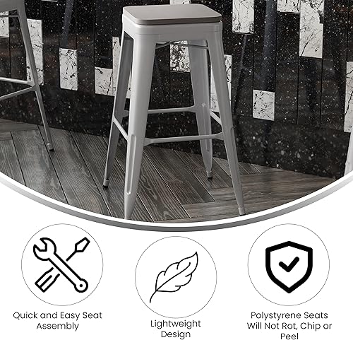 Miniatura 4 de Flash Furniture Kai Taburete de barra de grado comercial para interiores y exteriores, marco de metal plateado, asiento de poliresina gris, 30