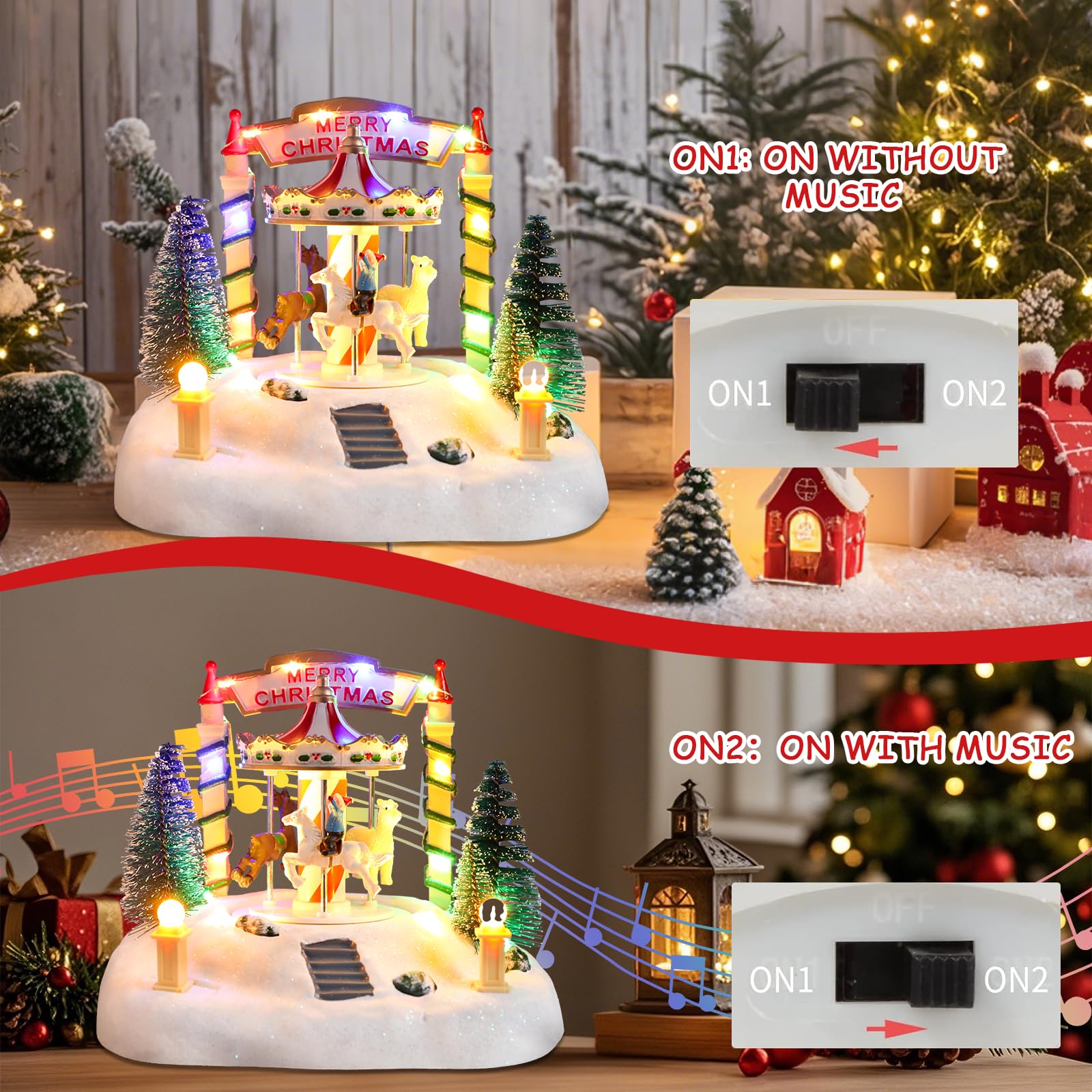 Bdor Decoración de mesa de carrusel de Navidad – Merry-Go-round musical iluminado con renos y árboles – Escena navideña que funciona con pilas – 7.5 x 5.5 x 6 pulgadas, centro de mesa festivo con