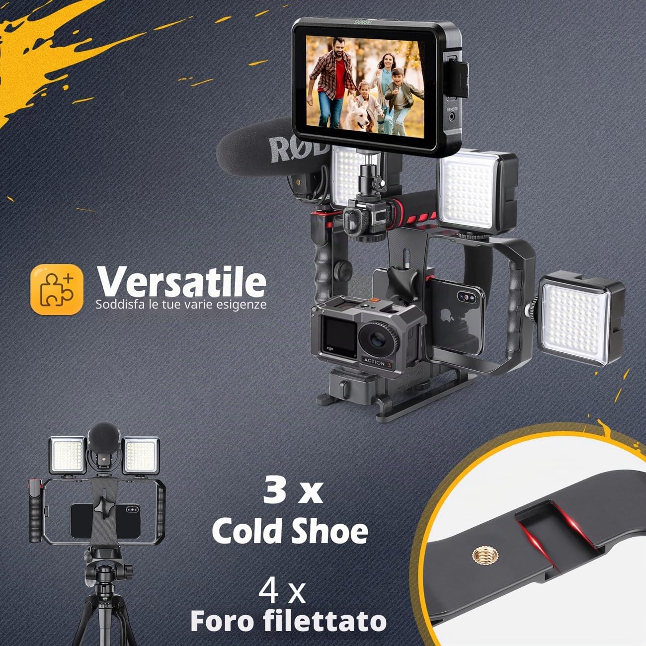 Zeadio Stabilizzatore video portatile per videocamera d’azione con supporto video per smartphone per tutte le videocamere d’azione, videocamere e smartphone