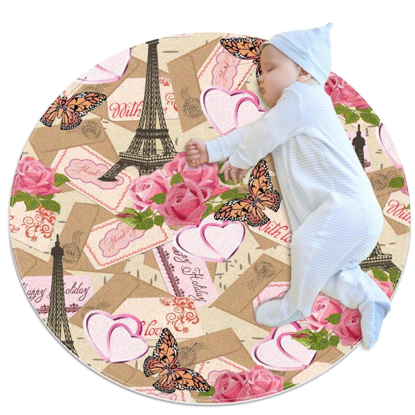 Tapis de salle de bain rose rond 1m de diamètre à motif papillon