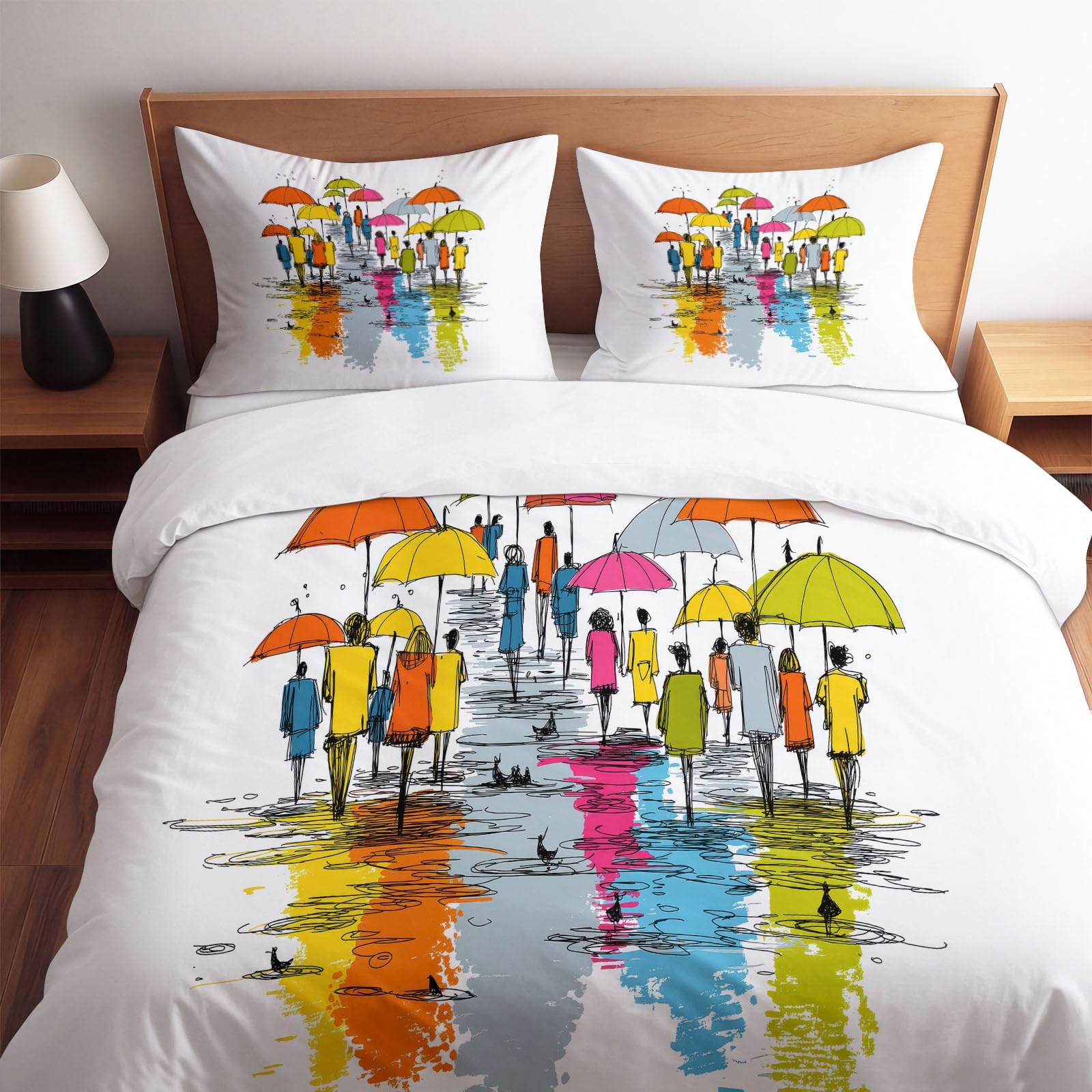 Komplet pościeli dziecięcej 200 x 200 cm deszcz uliczny parasol poszwa na kołdrę, kreskówka 3-częściowa pościel dla dziewczynki chłopca - biała poszwa na kołdrę z mikrofibry z 2 poszewkami na poduszki