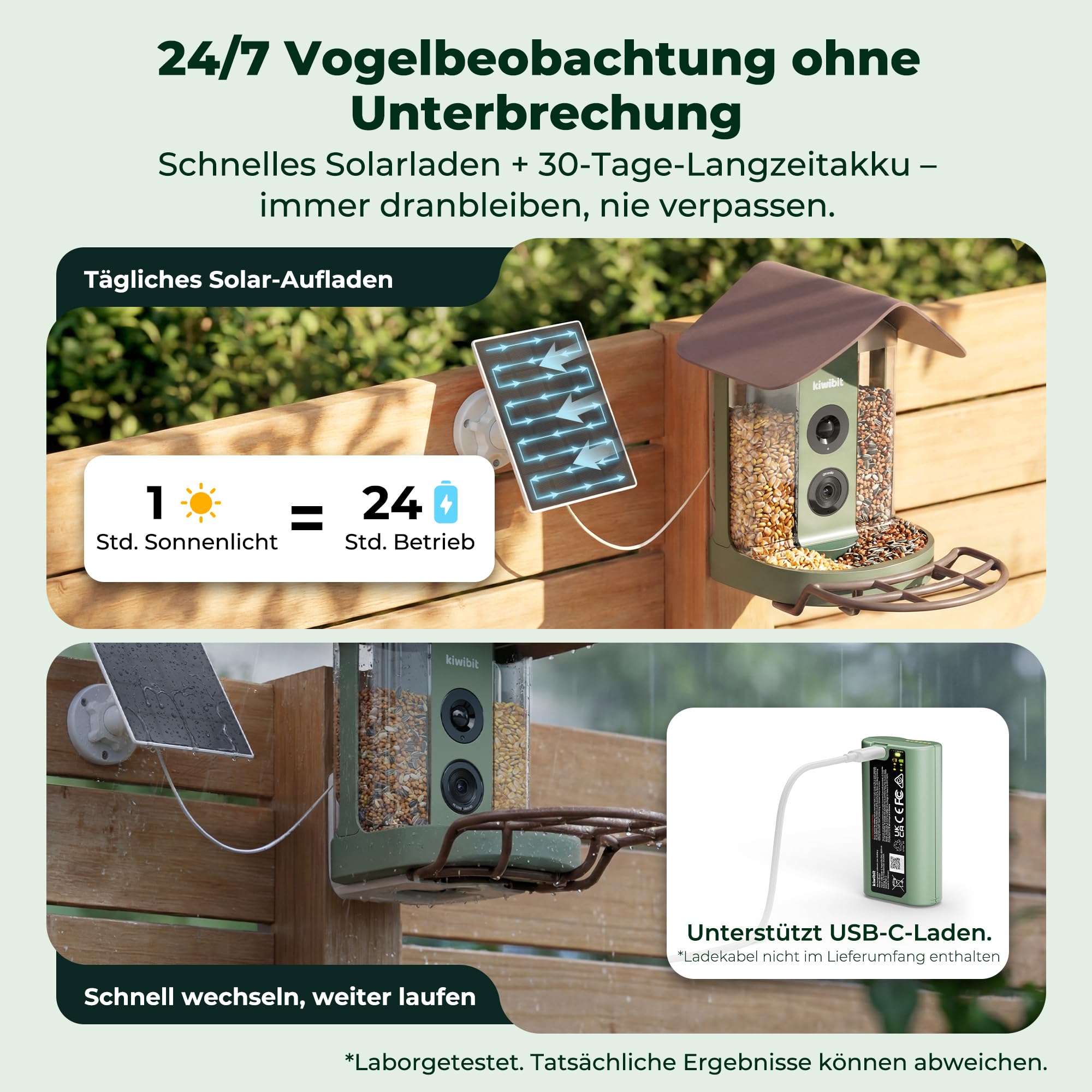 Kiwibit Smart Vogelhaus, 4K Kamera, KI-Erkennung ohne ABO, Mit Solarpanel | Live-Ansicht, KI-Vogelerkennung ohne Abo, Echtzeit-Alarm, 8MP Fotos und Nachtsicht