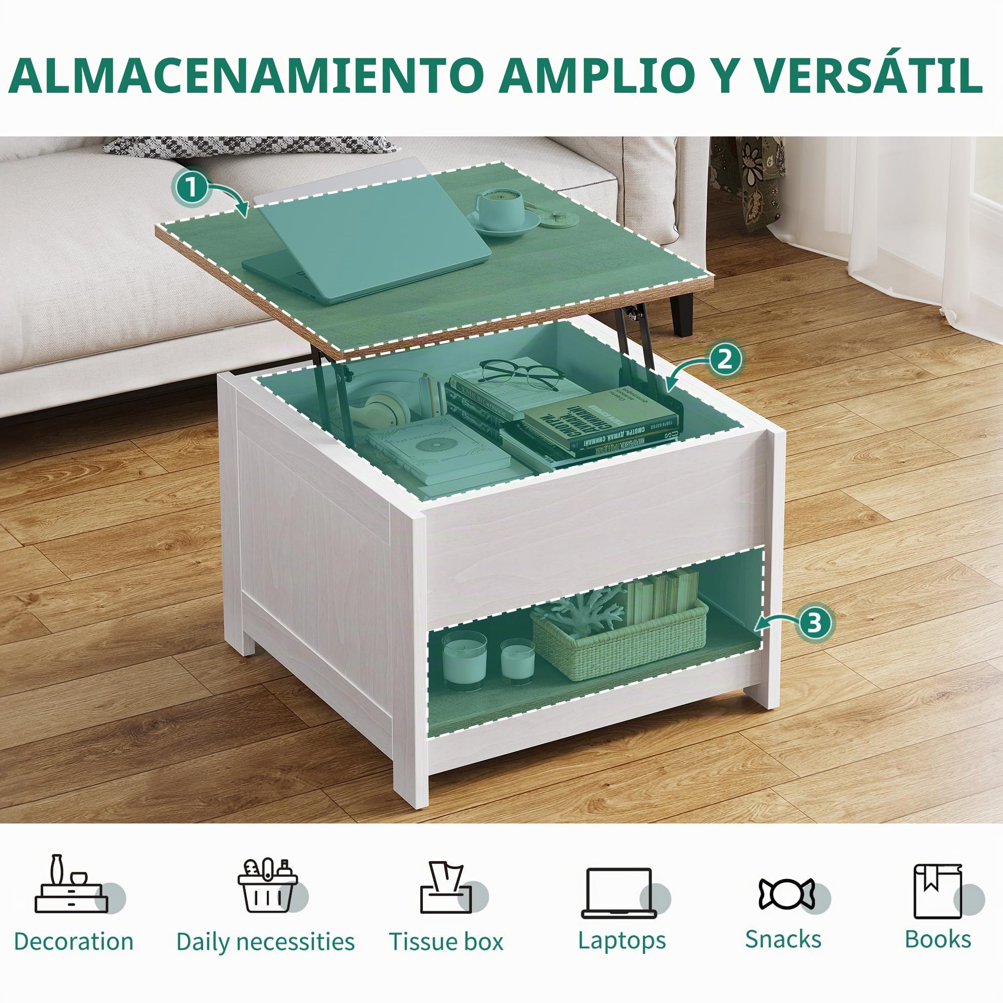 YITAHOME Mesa Centro Elevable con Estante, Mesita de Salón Cuadrada Mesa Café Moderna para sofá, Dormitorio, 60 x 60 x 45 cm