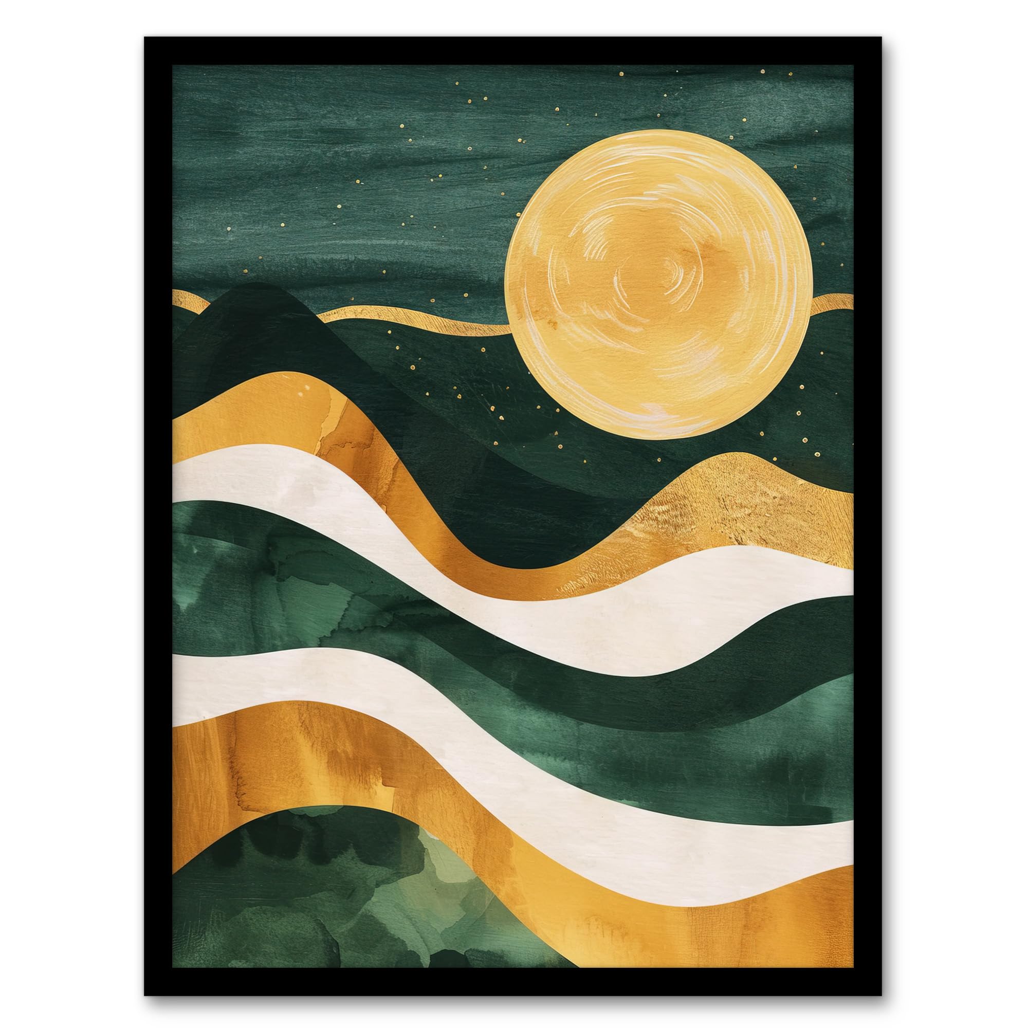 Artery8 Full Moon Over Mountains Green Gold Boho Abstract Living Room Artwork Framed Wall Art Print 18X24 Inch