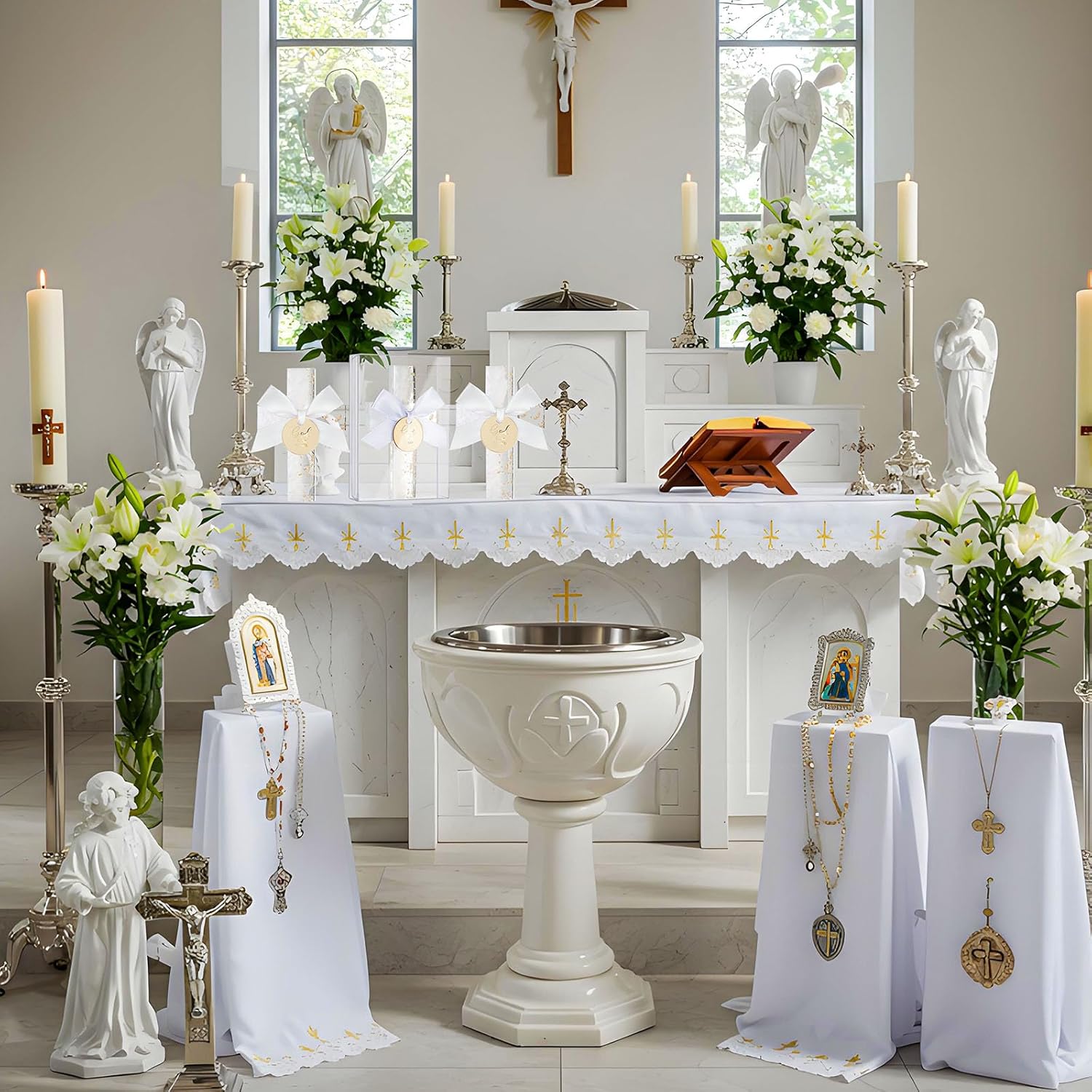Chunful 24 Pcs Baptism Favors for Guests Epoxy Cross Magnet First Communion Magnet with Tag Acrylic Box Christian Souvenirs Gift for Christening Baby Shower Party Family Gathering(Yellow Gold)