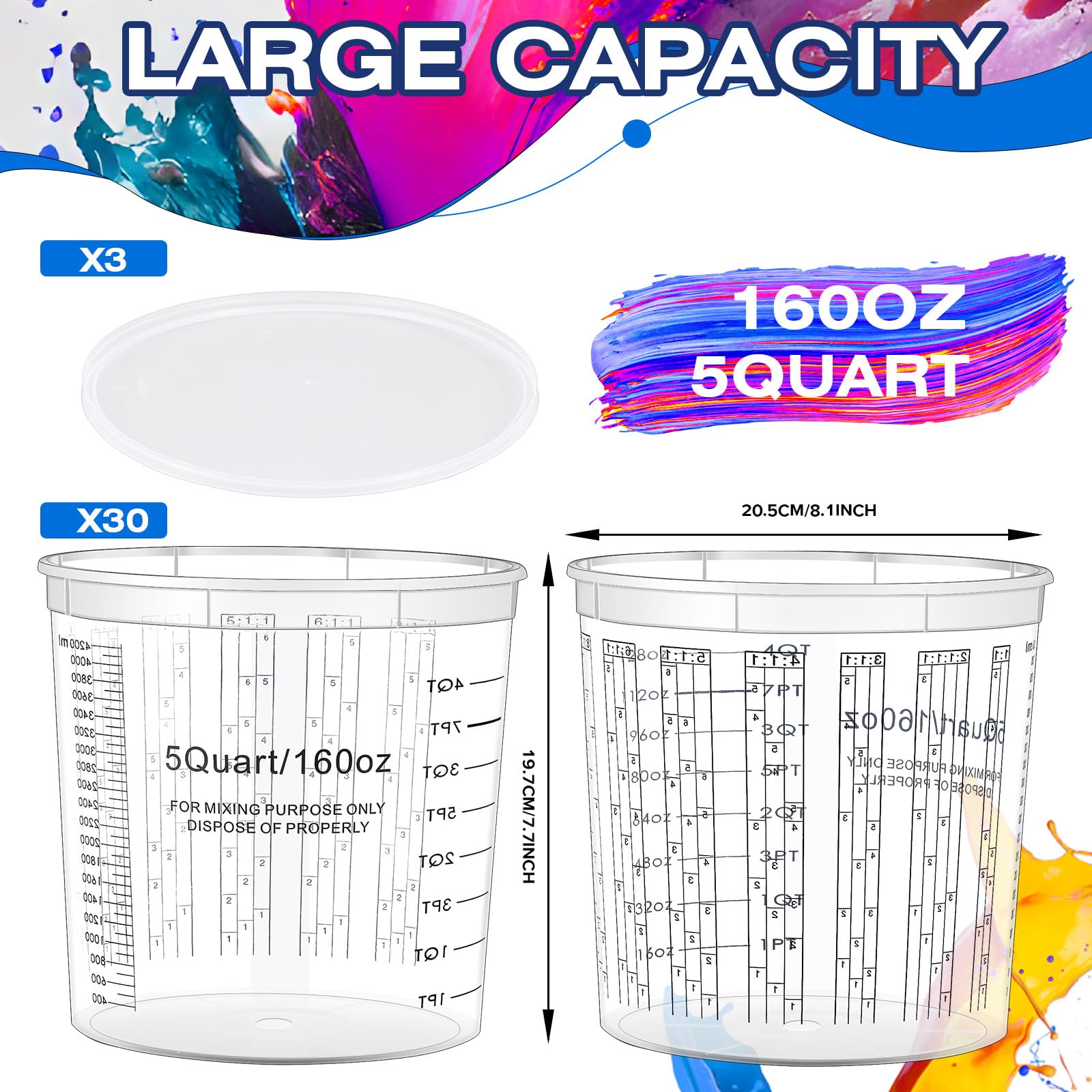 Mifoci 30 tazas graduadas de mezcla de pintura graduada de 167 onzas con tapas, cubo de mezcla de pintura transparente desechable de 5 cuartos de galón, tazas medidoras de plástico epoxi con