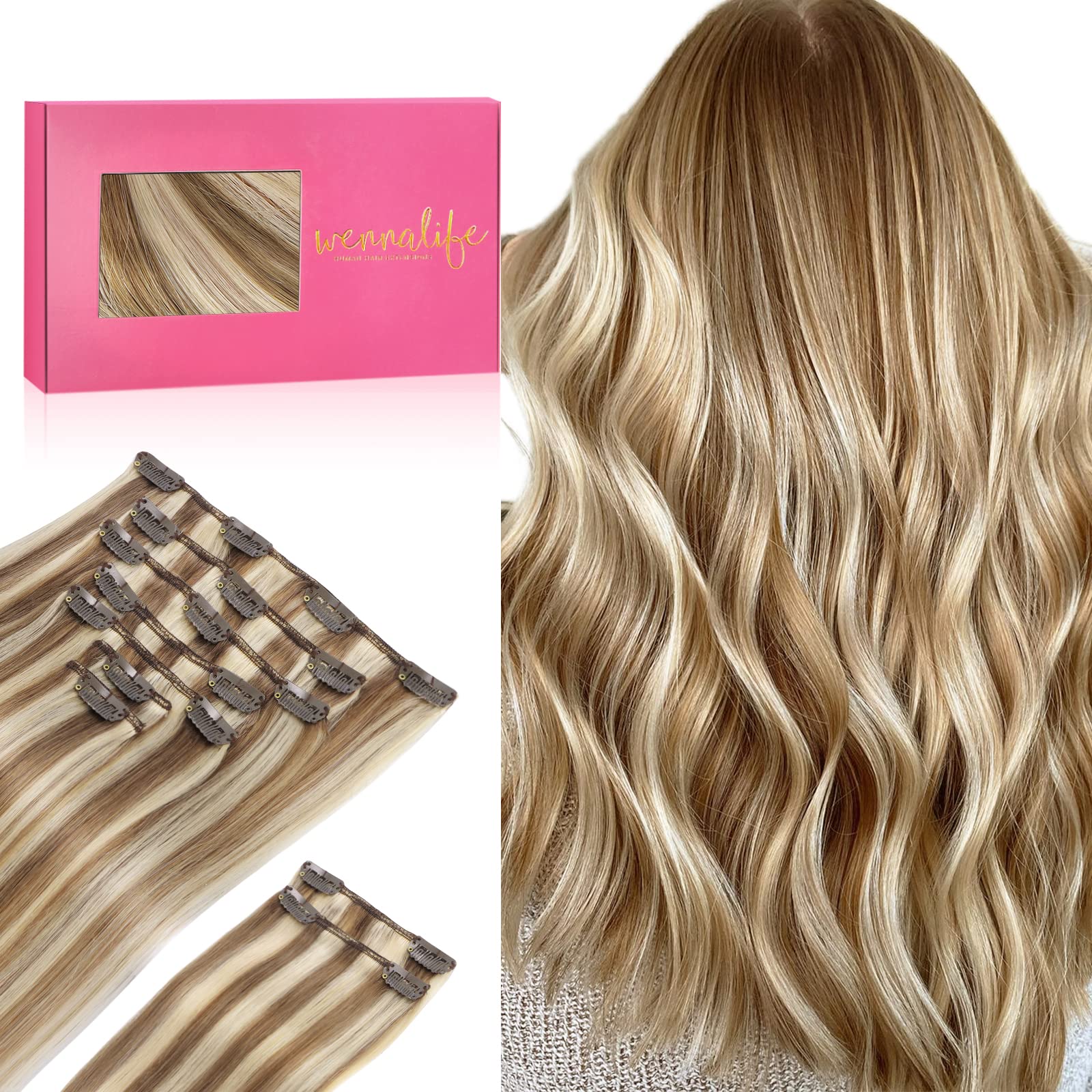 WENNALIFE Hair Extensions Clip In, 9pcs 18inch 150g Ash Brown Highlighted Golden Blonde Thicker Clip In Hair Extensions Real Human Hair Remy hair