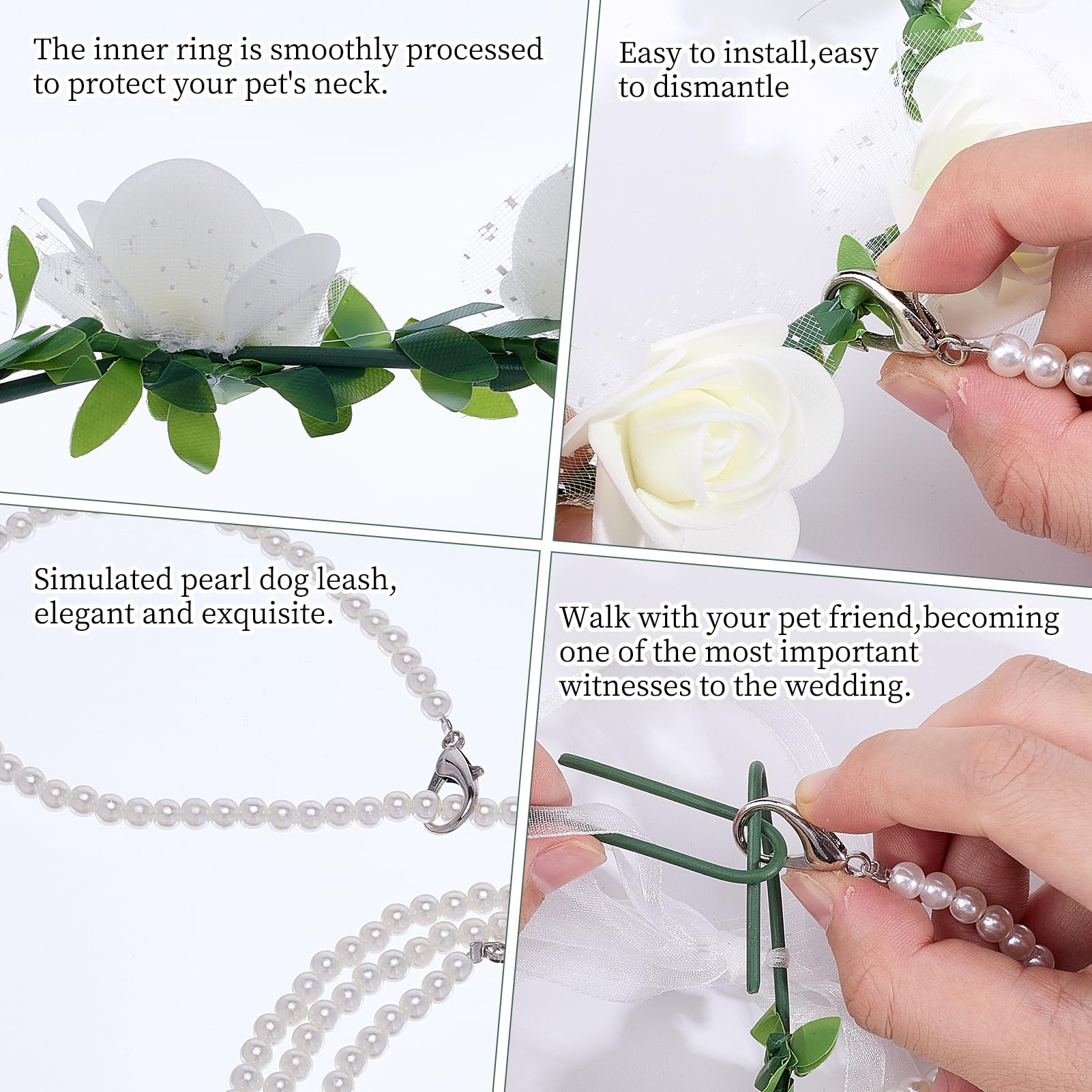 NICENEEDED Lot de 3 colliers pour mariage, chien, ensemble de fleurs, perles de laisse pour chiens avec perles porte-alliances, nœud papillon réglable pour le cou du chien