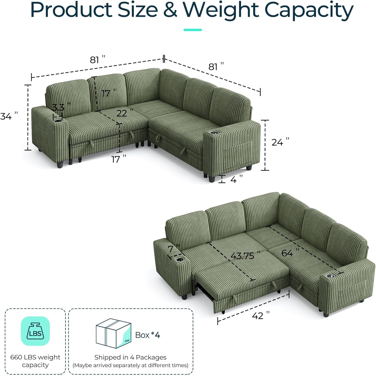 LINSY HOME Sectional Sleeper Sofa with Pull Out Couch Bed - Convertible Plush Corduroy Cloud Couch with Storage Chaise & USB Charging, Comfy L Shaped Modular Couches for Living Room Apartment, Green Green Sleeper Sofa 2