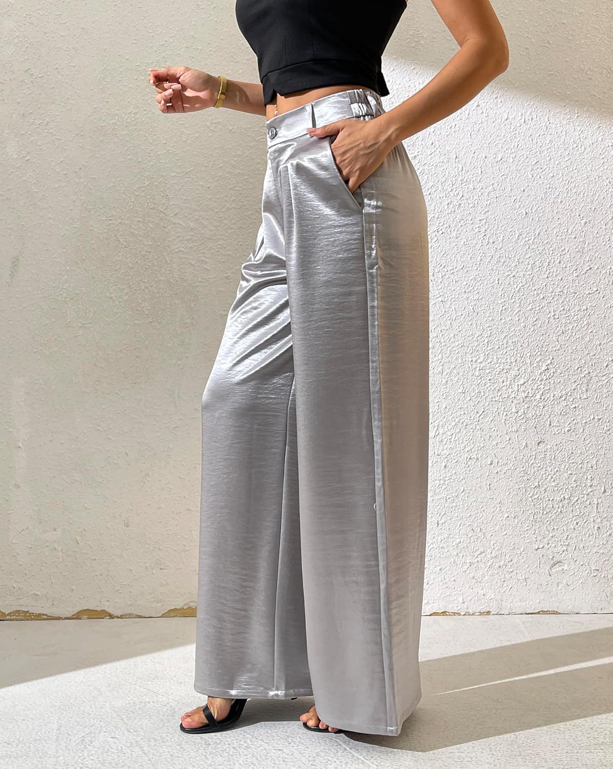 Women's Wide Leg Palazzo Pants Satin Silky Dressy Casual Shiny Sparkle Sequin Party Night Out Work Trouser - Image 4