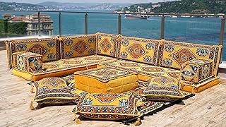 Yellow L Shaped Pallet Cushions, Arabic Floor Sofa Set, Oriental Floor Seating, Sectional Floor Cushion, Indoor Floor Pillows, Arabic Majlis Set (L Sofa Only, 4'' Thickness (10 cm))
