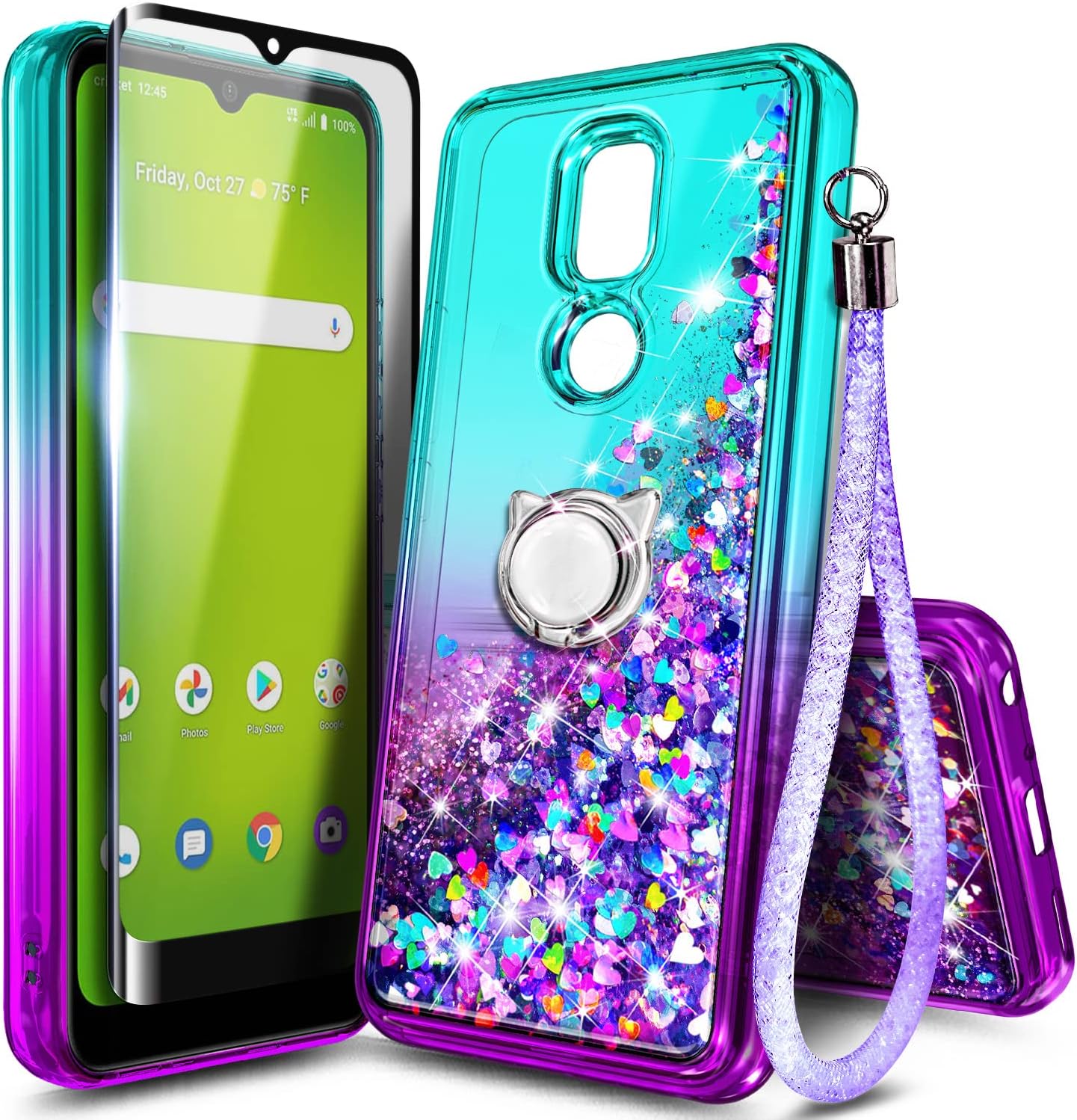 NZND Case for At&t Motivate 3 (3rd Version)/ Motivate 2 (2nd)/ Cricket Icon 3/ Cricket Splendor with Tempered Glass Screen Protector, Ring Holder/Wrist Strap, Glitter Liquid Cute Case (Aqua/Purple)