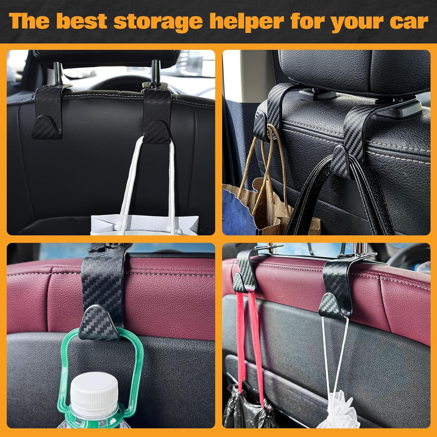 Car Seat Headrest Hooks 4 Pack Auto Seat Hook Hanger Storage Organizer Back Seat Hanger Holder, Universal Car Interior Accessories Car Seat Assecories for Purses Bags Cloths Water Bottles