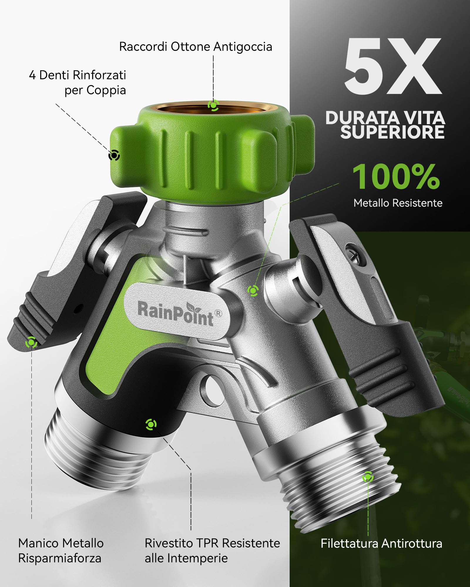 RAINPOINT Deviatore a 2 Vie, Raccordo a Y in Metallo Robusto per Tubo da Giardino con Maniglie Laterali da 5.2cm e Valvole di intercettazione, Divisore Acqua 3/4" e 1/2" per 2 Dispositivi, Verde