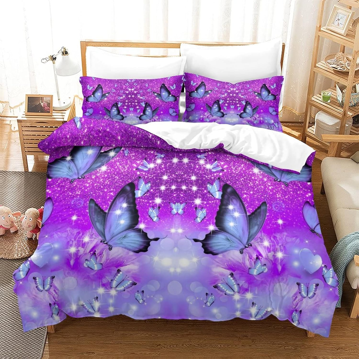 Butterfly Quilt Set Girl 3D Purple Floral Butterfly Bedding with Cover Girl Quilt Set Neon Butterfly Purple Bed Quilt Cover, 1 Cover + 2 Pillowcases Full（203x228cm）