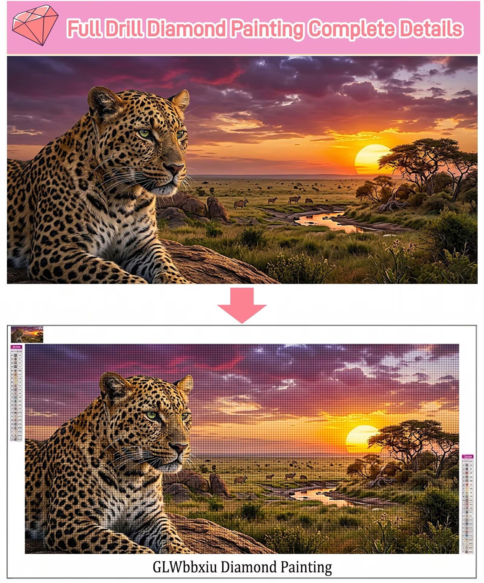 Diamond Painting Leopard Diamant Painting Bilder, 5D Tier Runder Full Drill DIY Set Erwachsene Diamanten Kinder Kreatives für Erwachsene Mosaik Bastelset für Home Decor Wand Deko, 60x120cm, Cod-831