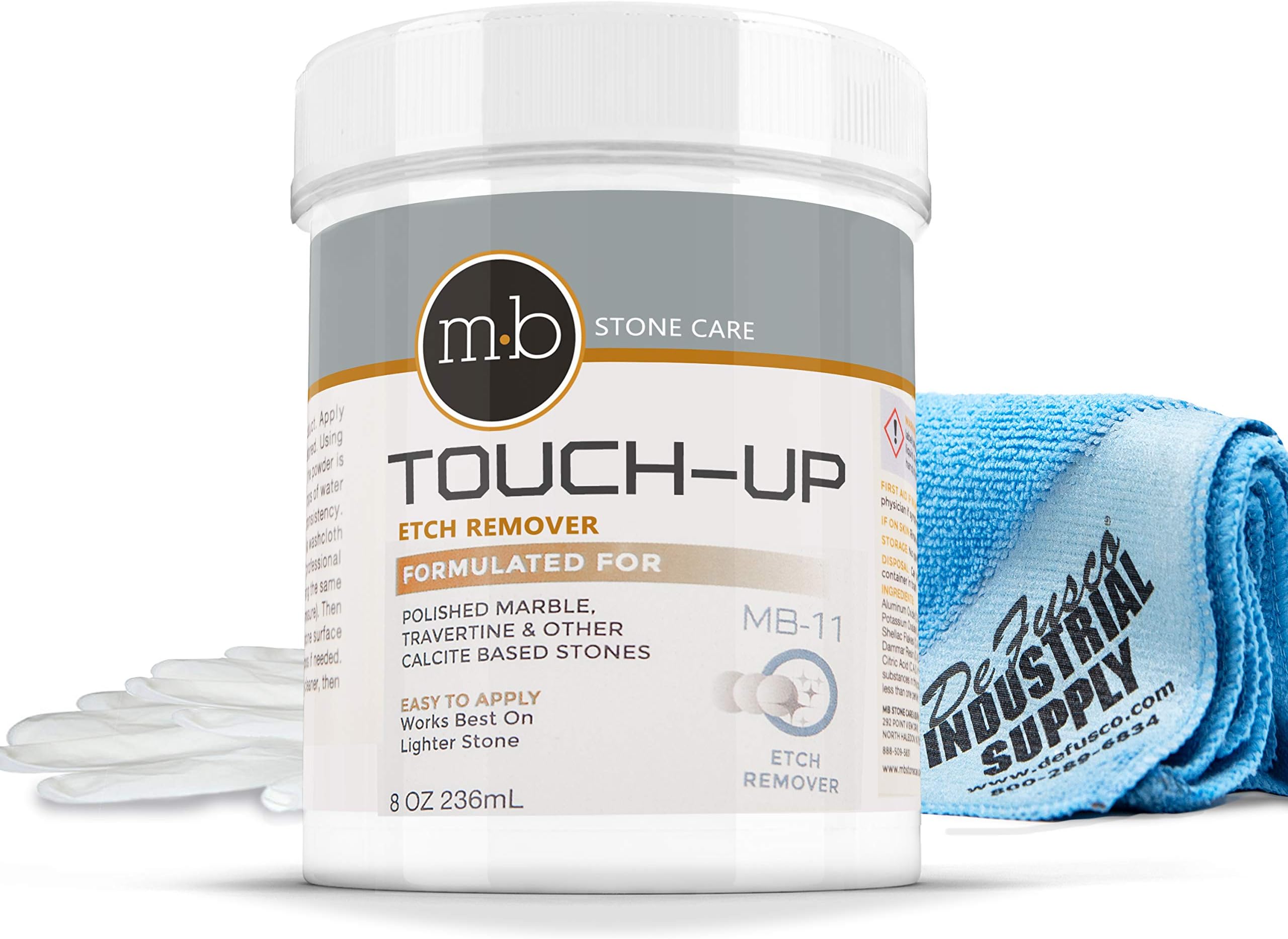 MB-11 Marble Polishing Powder with Microfiber Cloth and Gloves - Spot Polish Water Stains, Rings or Etches to Restore Marble, Travertine, Limestone or Onyx