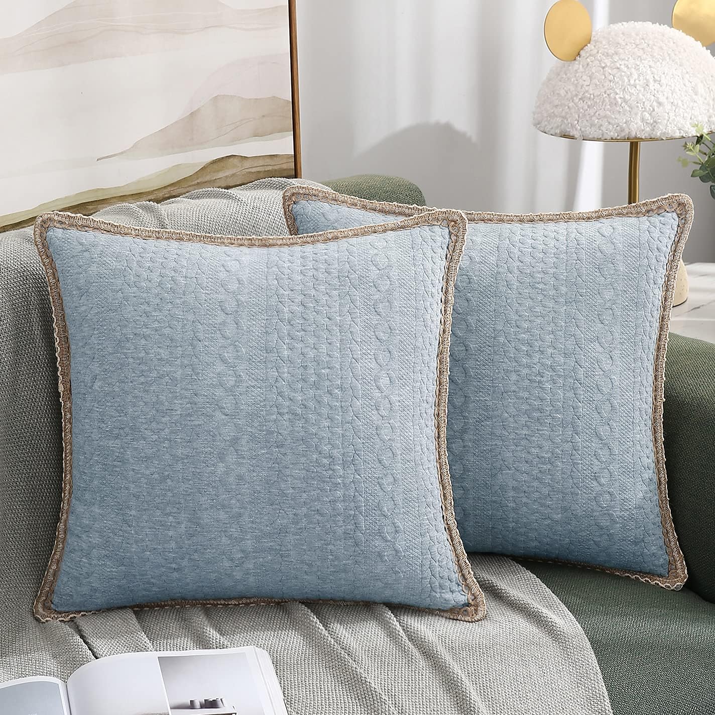 3D Embossed Farmhouse Decorative Pillow Covers, Set of 2 Lace Trimmed Edge Throw Pillowcases Stretchy Cushion Cases for Sofa Couch Chair, 22x22 inch, Light Grey