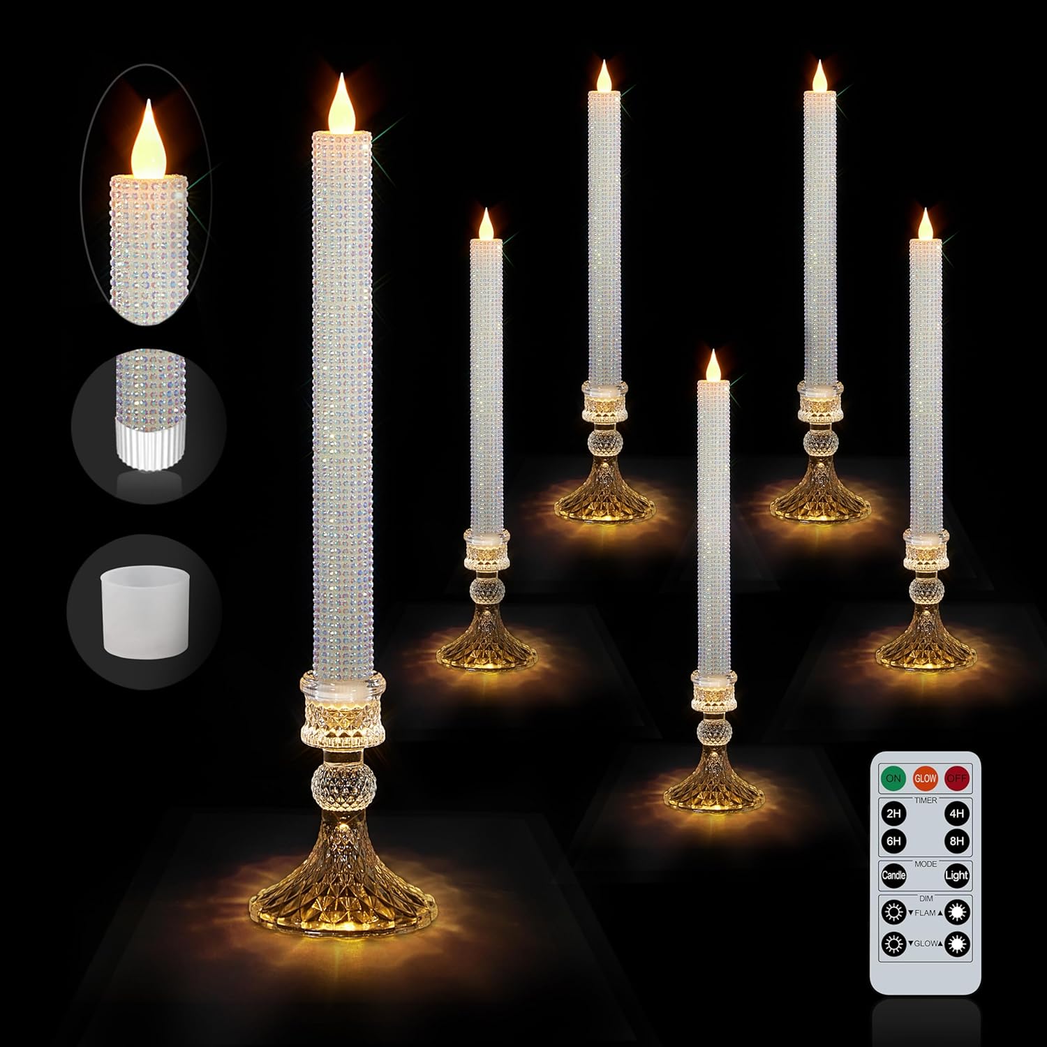 6 Pack Flameless Candles with Diamond Base Light - Hexagon Glass Holder, Remote Timer & Dimmer | Safe LED for Thanksgiving/Xmas Decor, Wedding Centerpiece (Crystallized-Brilliant, 6 Pack)