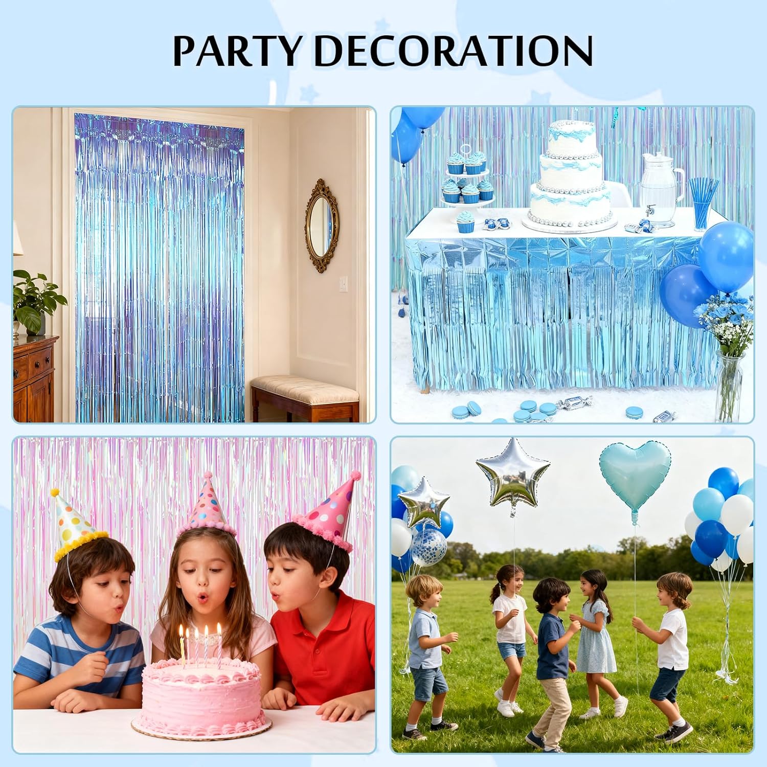 Colorful Party Tassel Backdrop, Neon Clear Holographic Foil Tassel Drape For Mermaid/Frozen/Marine/Polaroid/Themed Party Decorations, Comes With Tablecloths, Balloons And Pumps (Blue)