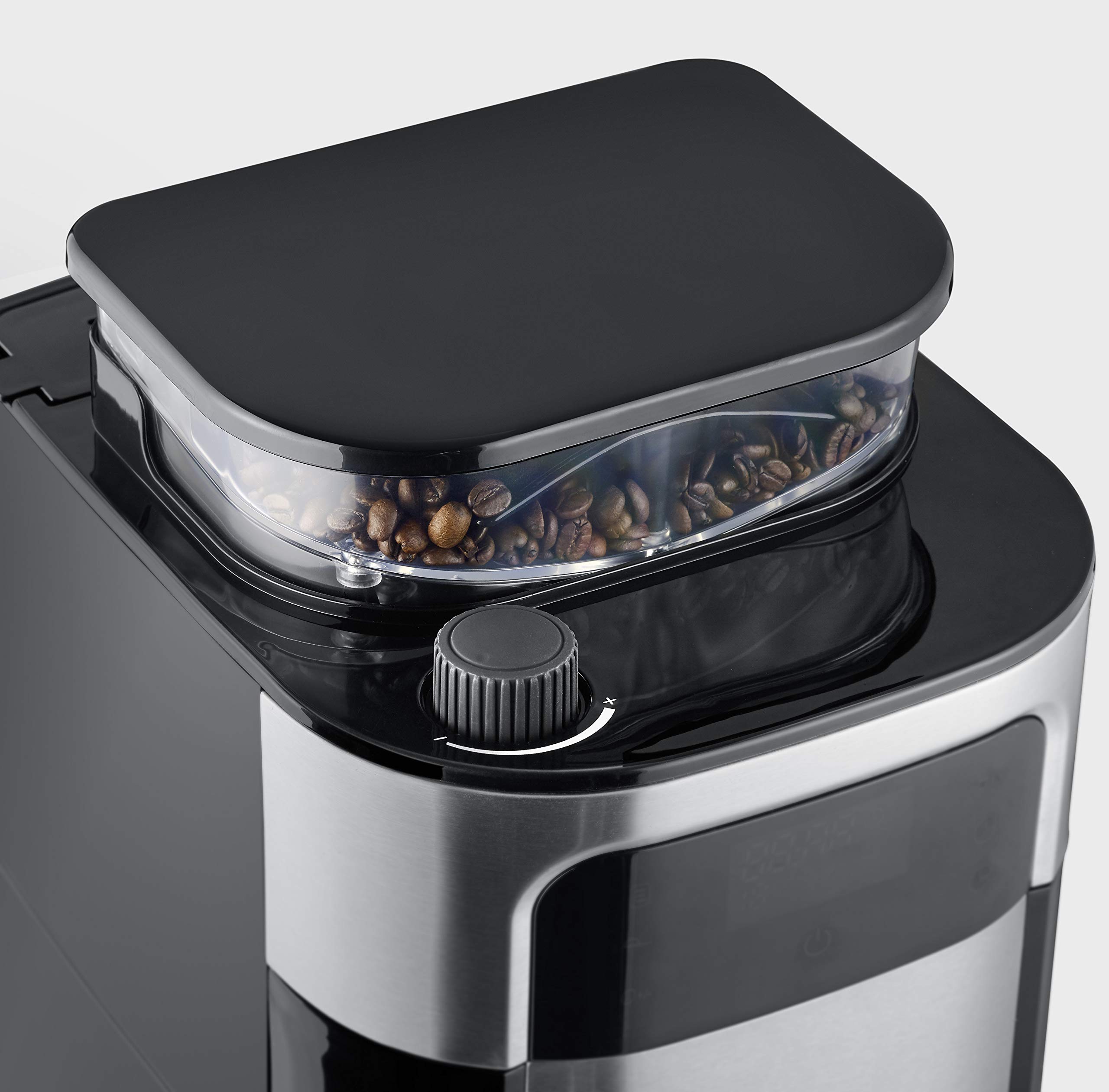 SEVERIN - Cafetera de goteo con molinillo hasta 10 tazas, Cafetera de filtro / Cafetera americana con jarra de cristal de 1l, con pantalla LED con temporizador, Acero inoxidable / Negro, KA 4814