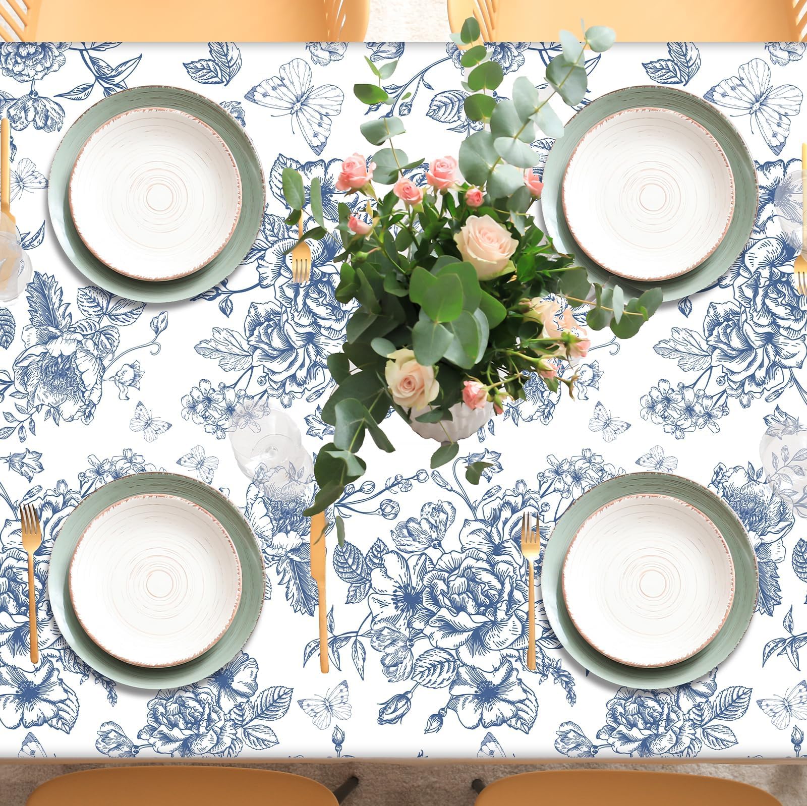 party greeting Rollo de mantel floral azul de 51 pulgadas x 100 pies, manteles desechables de flores azules y blancas para fiestas de cumpleaños (plástico)