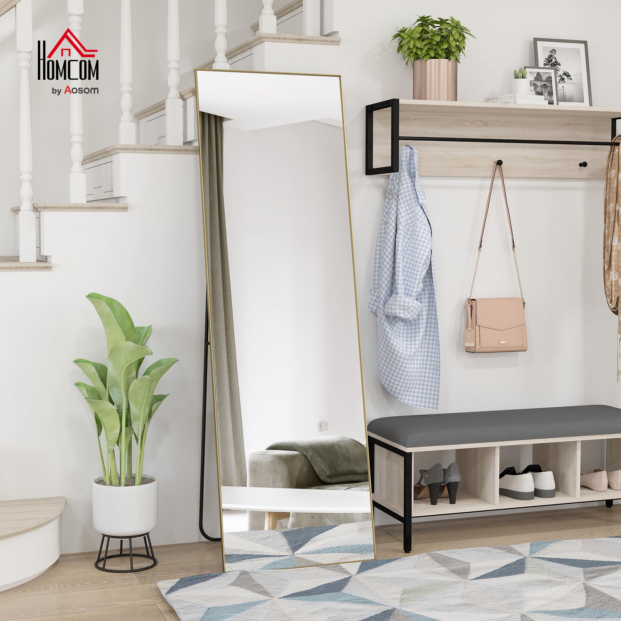 HOMCOM Espejo de Suelo Rectangular de Cuerpo Entero 50x160cm Dorado | Montaje en pared o apoyado contra la pared, para dormitorio, salón y vestidor