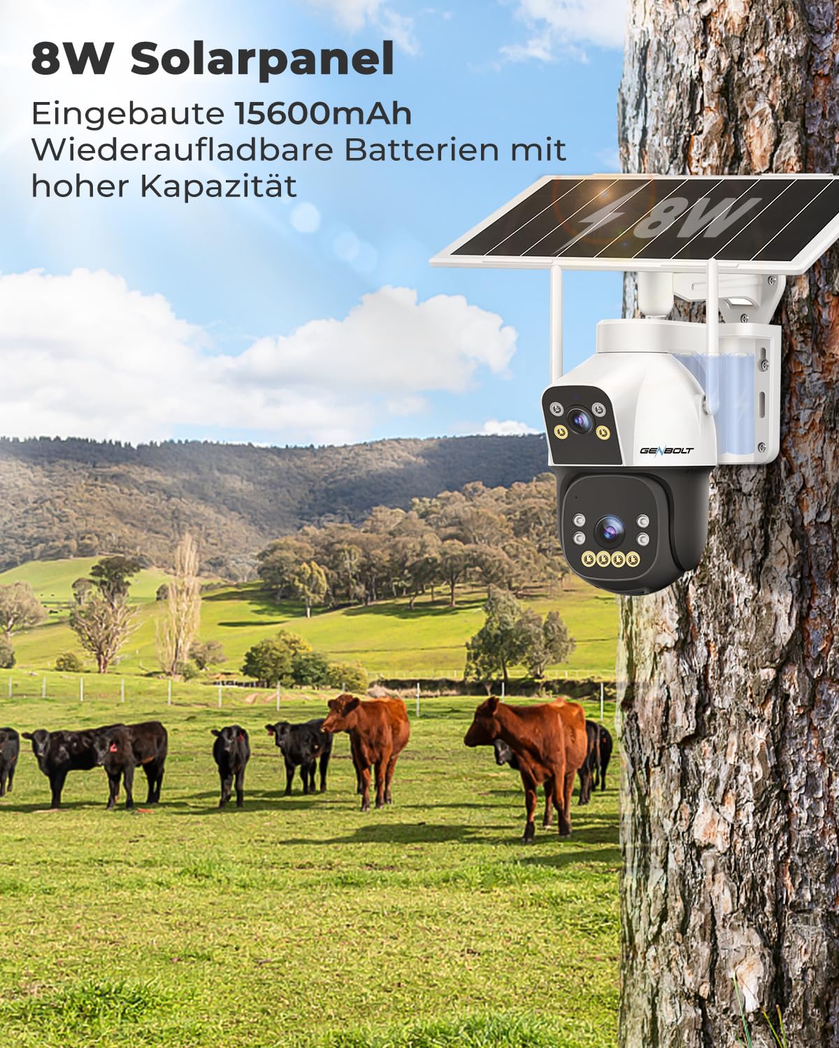 GENBOLT 4G AOV Mobilfunk Solar Überwachungskamera Aussen Kabellose 15600mAh | 7/24-Aufzeichnung,3MP*2,kein WLAN,KI-Erkennung,Automatische Verfolgung,Cloud-Speicher