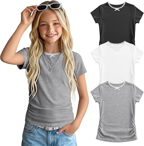 Halfchet 3 Pack Girl's Short Sleeve Shirts Summer Lace Trim Bowknot Crew Neck To