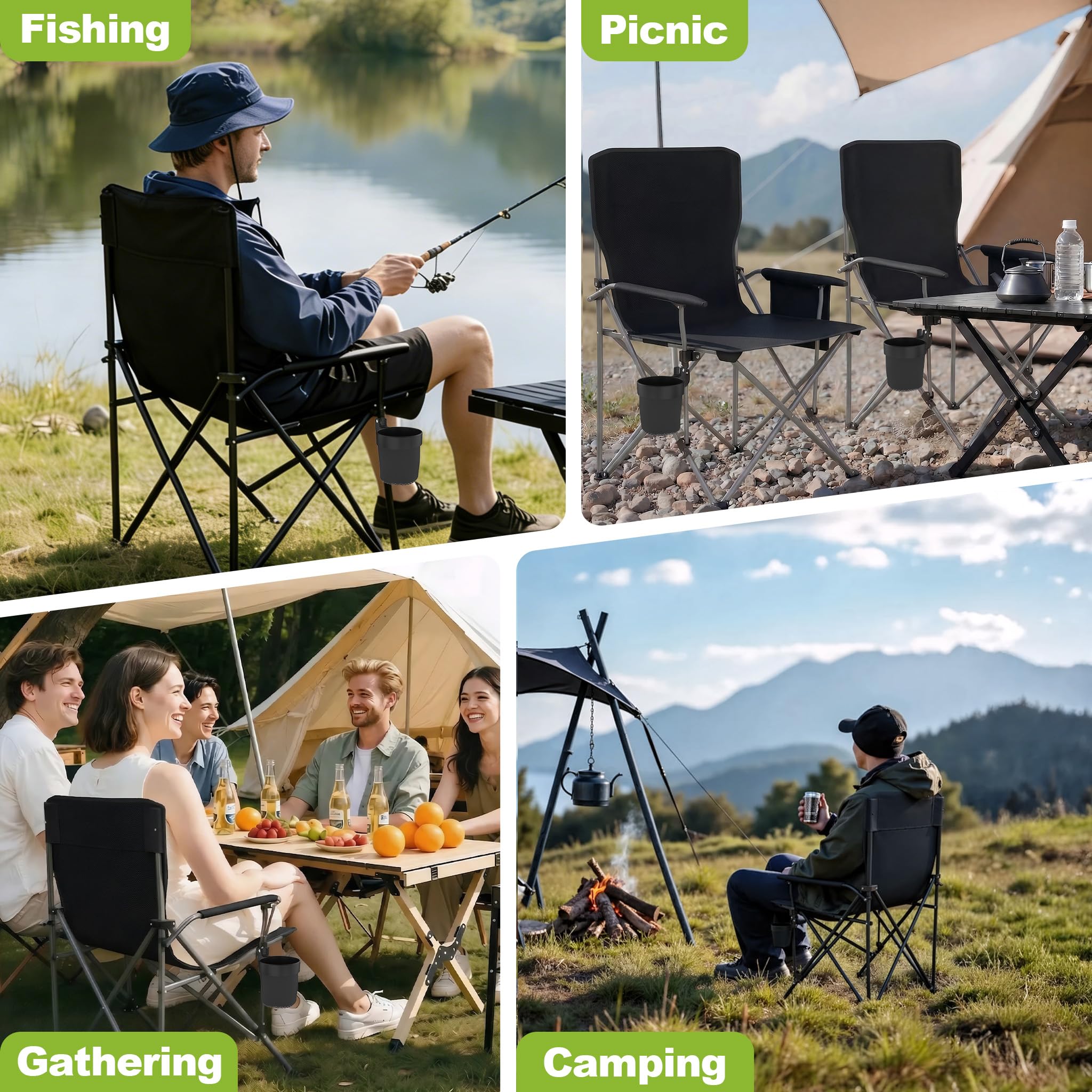 UISEBRT Sedia da pesca pieghevole con portabevande e tasca laterale, poltrona da pesca con braccioli, leggera, pieghevole, per pesca, campeggio, picnic, giardino, colore nero