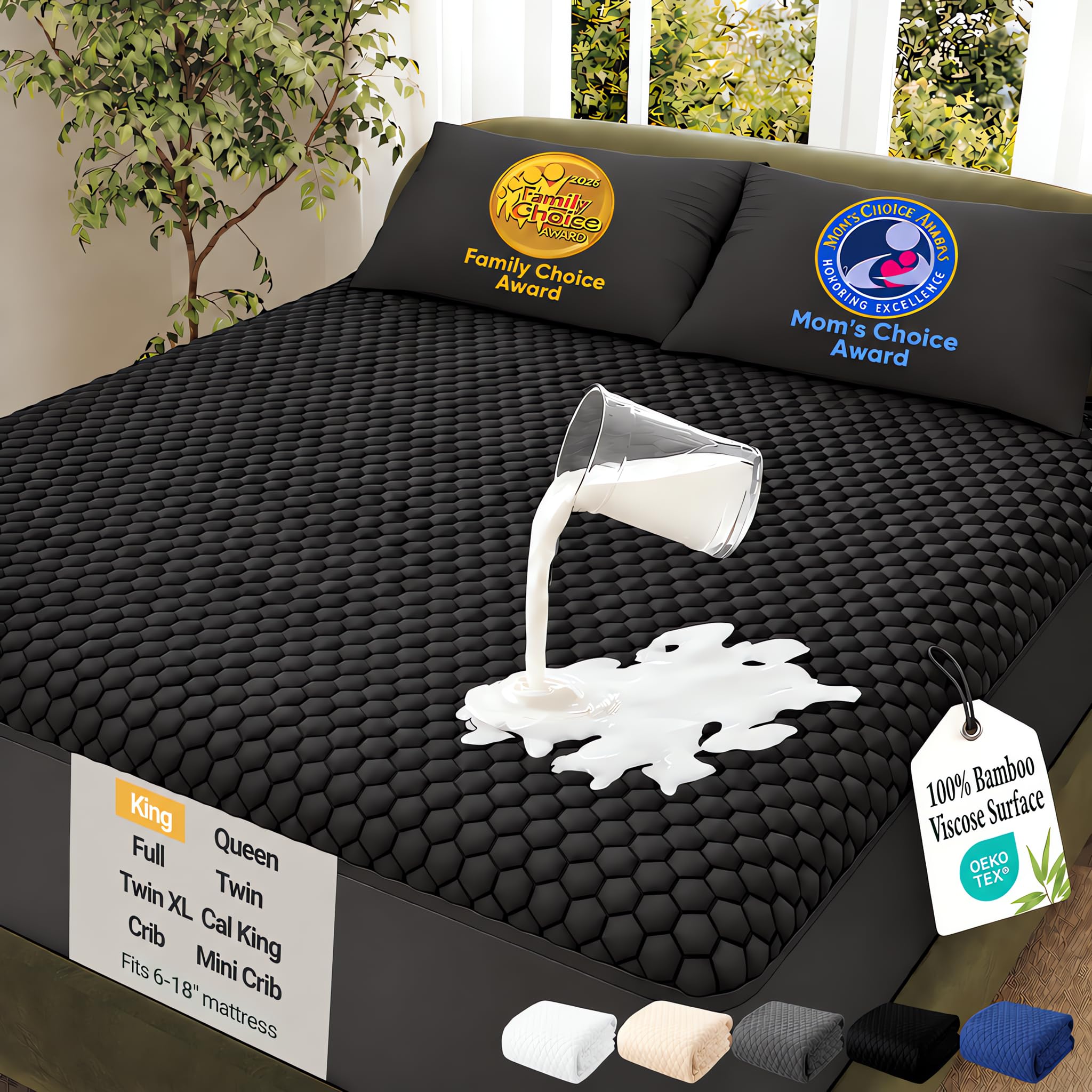 OhGeni 100% Waterproof King Size-Black Mattress Protector, Soft Mattress Pad Deep Pocket,…